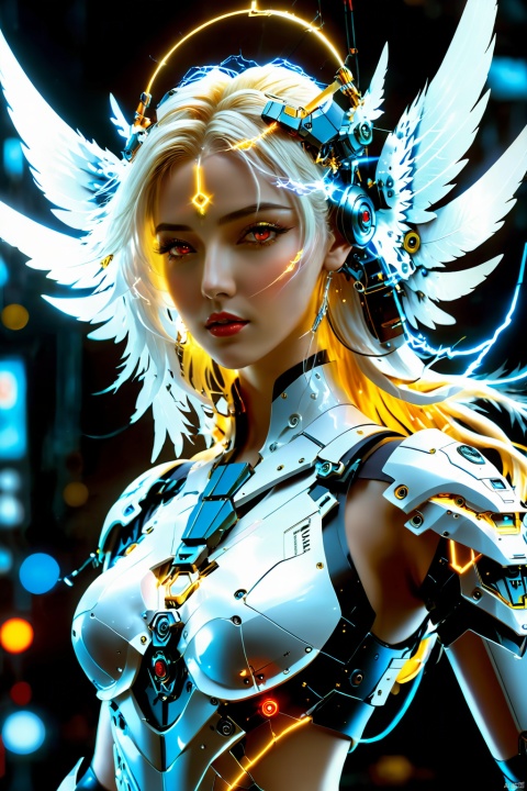 cyberpunk art,fantasy art,1girl,angel,angel wings,white theme,(winding lightning:1.2),mechanically constructed body,extremely complex mechanical structures,white skin,white wings,bright picture,red eyes,electricity,breasts,realistic,looking at viewer,blonde hair,mechanical wings,red eyes,a glowing halo above one's head,masterpiece,best quality,ultra-detailed,very detailed illustrations,extremely detailed,intricate details,highres,super complex details,extremely detailed 8k cg wallpaper,cowboy shot,reflections,ray tracing,dark aura,cyber effect,mecha girl parts,robot joints,single mechanical arm,(angel's halo),
mechanical halo,intricate mechanical bodysuit,mecha corset,(transparent plastic armor),very long hair,hair between eyes,multicolored hair,colored inner hair,random expressions,random action,dynamic pose.true-to-life feathers,
This female character possesses a body constructed entirely of intricate mechanical components,the complexity and finesse of which are truly awe-inspiring. Her skin is flawlessly white,and she unfurls a pair of pure white wings behind her back,adorned with a winding lightning pattern that is rendered at 1.2 times the standard density,creating a striking visual impact. These wings not only embody mechanical architecture but are also depicted with such lifelike detail that they resemble genuine feathers.,
She boasts ruby-red eyes that gleam with the kinetic energy of flowing electricity,directly engaging the viewer. Her golden locks shine brightly as they flow in the wind,with several strands naturally cascading down between her eyes. She sports a single mechanical arm,its joints meticulously designed with a distinct cyberpunk aesthetic.,
Her head is adorned with a halo composed of similar mechanical parts,softly emitting light,further enhancing her portrayal as a mechanical angel., scenery