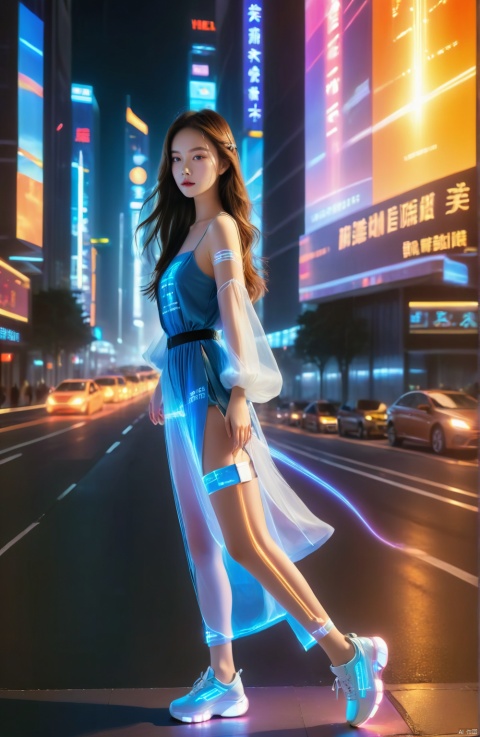  1 girl, solo, long hair, neon light, (full body), night, city street, blue_dress, luminous text on the body, multi-line light on the body, (luminous electronic screen),(electronic message flow: 1.3), holographic projection, (luminous electronic screen on the arm: 1.2), luminous text on the thigh, (girl pose: 1.3), luminous electronic shoes, (Masterpiece, best quality: 1.2),16k, horizontal image quality, (luminous electronic screen), electronic message flow, holographic projection,, luminous electronic shoes, colored smoke, city blocks, skyscrapers,
