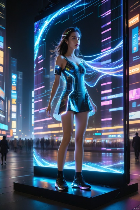  1girl, (full body),(masterpiece, best quality: 1.2) , 16K, horizontal image quality,UI, technology of the future, multi-line light on body, glowing text on body,, (glowing electronic screen) , (electronic message flow: 1.3) , Holographic UI Ground or Holographic User Interface at Ground Level,holographic projection, (glowing electronic screen on ARM: 1.2) , glowing text on thigh, glowing electronic shoes, city blocks, skyscrapers,(UI:0.7),The background is a holographic screen,
An imaginative prompt: A futurist masterpiece rendered in extraordinary 16K horizontal resolution, this digital artwork envisions a solitary girl poised amidst urban blocks and towering skyscrapers within a dreamlike metropolis illuminated by neon lights. The central figure dons an avant-garde, ultra-mini dress that epitomizes the spirit of futurism, seamlessly blending into her surroundings.
Her body serves as a canvas upon which multiple dynamic light trails trace her form, each pulsating rhythmically with the heartbeat of the city. Glowing text seemingly etched onto her skin transforms like an electronic epic, reflecting an ever-flowing stream ofairborne
Equipped on her arm is an advanced holographic projection device originating from a dazzling luminescent electronic screen, showcasing torrents of real-time data. Similarly, her thigh bears luminous inscriptions, adding depth to this high-tech tableau.
She stands confidently, her posture exaggerated at 1.2 times its natural scale to convey both strength and poise. Her feet are shod in futuristic glowing electronic shoes, defying gravity with every step. A towering, glowing electronic billboard looms in the background, broadcasting rapid digital information streams, forming a visually impactful and monumental digital wall., portrait