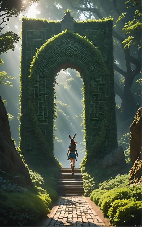 (Huge warrior statue in the background:1.5), (Best Quality,hight resolution),Detailed,Realistic,mystery,adventure,thrilling action,Beautiful Landscapes, ((Surrounded by vast forests)), 科幻小说,mystic atmosphere,Impressive visual effects,charmed,Enchanted World,((Rabbit eared girl exploring the maze:1.5)), ((Beautiful girl like an idol)), A twist that bends the heart,Maze walls covered with lush greenery,Vibrant colors,ominous shadows,Impressive scale and depth,Complex puzzles,Exhilarating chase scenes,Running for survival,Thrilling suspense,Dangerous roads and dead ends,Mysterious creatures lurking in the maze,Heroic determination,Change your perspective,Nerve-breaking tension,Game-changing secrets hidden in mazes,Dangerous traps and obstacles,Unforgettable climax,Cinematic Masterpiece.