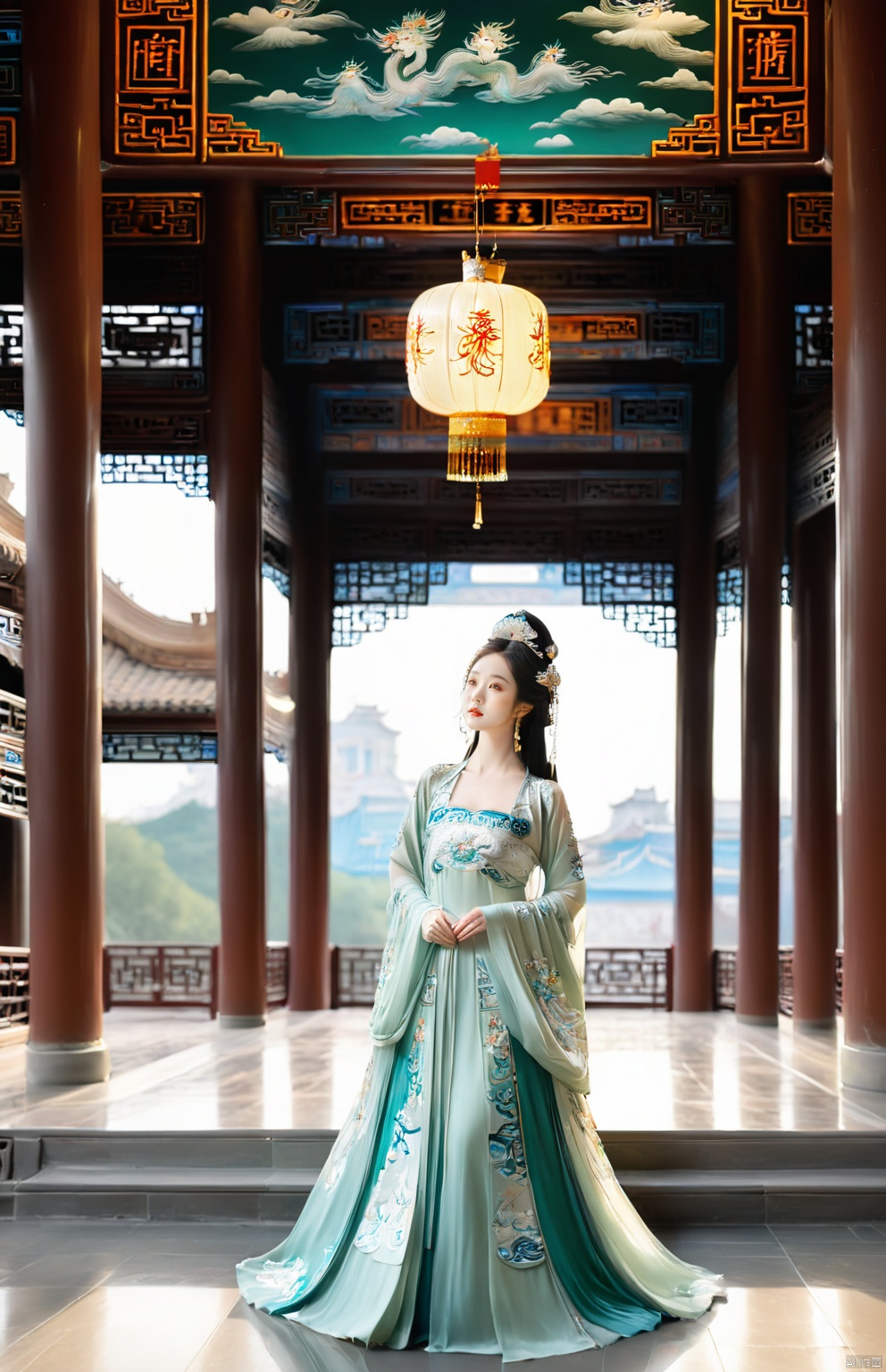 1girl, full body, solo, looking at the audience, long hair, Chinese embroidery princess green dress, Chinese princess, gentle and graceful,
wuman,cloud, sky, cloudy_sky, scenery, arch, pillar, no_humans, architecture,
In this stunning architectural scene, the sky serves as a dramatic canvas painted with an array of clouds that blanket the horizon in a majestic cloudy expanse. The absence of human figures heightens the sense of grandeur and solitude, directing the viewer's focus solely onto the breathtaking scenery below.
A towering edifice rises from the landscape, its form defined by arches and pillars that speak to a rich history and masterful design. The structure seems to reach out towards the heavens, bridging the gap between earth and sky. Each pillar and archway is meticulously crafted, showcasing the intricate details and the timeless beauty of the architecture., g019