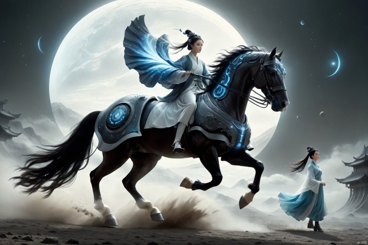  1girl,solo,black hair,hair ornament,hair bun,chinese clothes ,single hair bun,riding,horse,hors,eback riding,The girl is riding on a mechanical warhorse, with an alien spacecraft in the background,Flowing long hair,Vivid clothes,
A solitary young woman, her long black hair tied up in a sleek, single hair bun accentuated by a dazzling hair ornament, is dressed in authentic Chinese garb that speaks volumes about her cultural heritage. Riding not just any ordinary horse, but a futuristic mechanical warhorse, she stands out against the stark contrast of her surroundings. 
Against the backdrop of an extraterrestrial spacecraft hovering majestically in the distance, this scene encapsulates a fascinating blend of ancient traditions and advanced technology. The girl's confident stance on her high-tech mount symbolizes a seamless integration of the past and the future, where oriental aesthetics meets sci-fi fantasy.
As she navigates the unknown terrain, her equestrian skills adapt seamlessly to the mechanical creature beneath her, suggesting a world where humanity has evolved beyond the conventional bounds of Earthly limitations. In this surreal imagery, the girl on her mechanical warhorse becomes a beacon of resilience and adaptation, bridging worlds and epochs in a thrilling narrative of human progress and cultural endurance., scenery