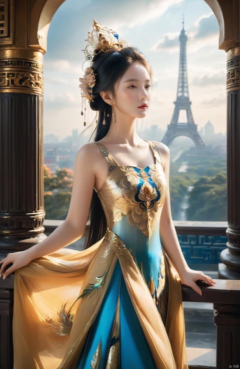  1girl,full body,
cloud,sky,cloudy_sky,scenery,architecture,horizon,pillar,1girl,solo,look at the audience,long_hair,girl wearing peacock dress,elegant and graceful beauty,
In this breathtaking architectural setting,
A towering structure ascends from the terrain,
its magnificence reaching out towards the cloudy sky,
merging seamlessly with the horizon in an otherworldly ballet.

At its foundation, a lone figure stands firm,
a girl, exuding elegance and grace in her stance,
adorned in a peacock-inspired dress that gleams and flows,
her lustrous locks tumbling down like a stream of golden liquid.

She fixes her gaze upon us with tranquil self-assurance,
her very presence as captivating as the panorama surrounding her.

The towering pillars of the majestic edifice stand sentinel behind her,
their presence mirroring her own inner fortitude and resilience.

This harmonious blend of human beauty and architectural splendor,
serves as a testament to both the artist's creative vision and nature's inherent allure.

In this instant, she becomes one with the landscape,
a living sculpture set against the canvas of the cloudy sky,
an emblematic embodiment of poise and elegance amidst soaring architecture., 1girl