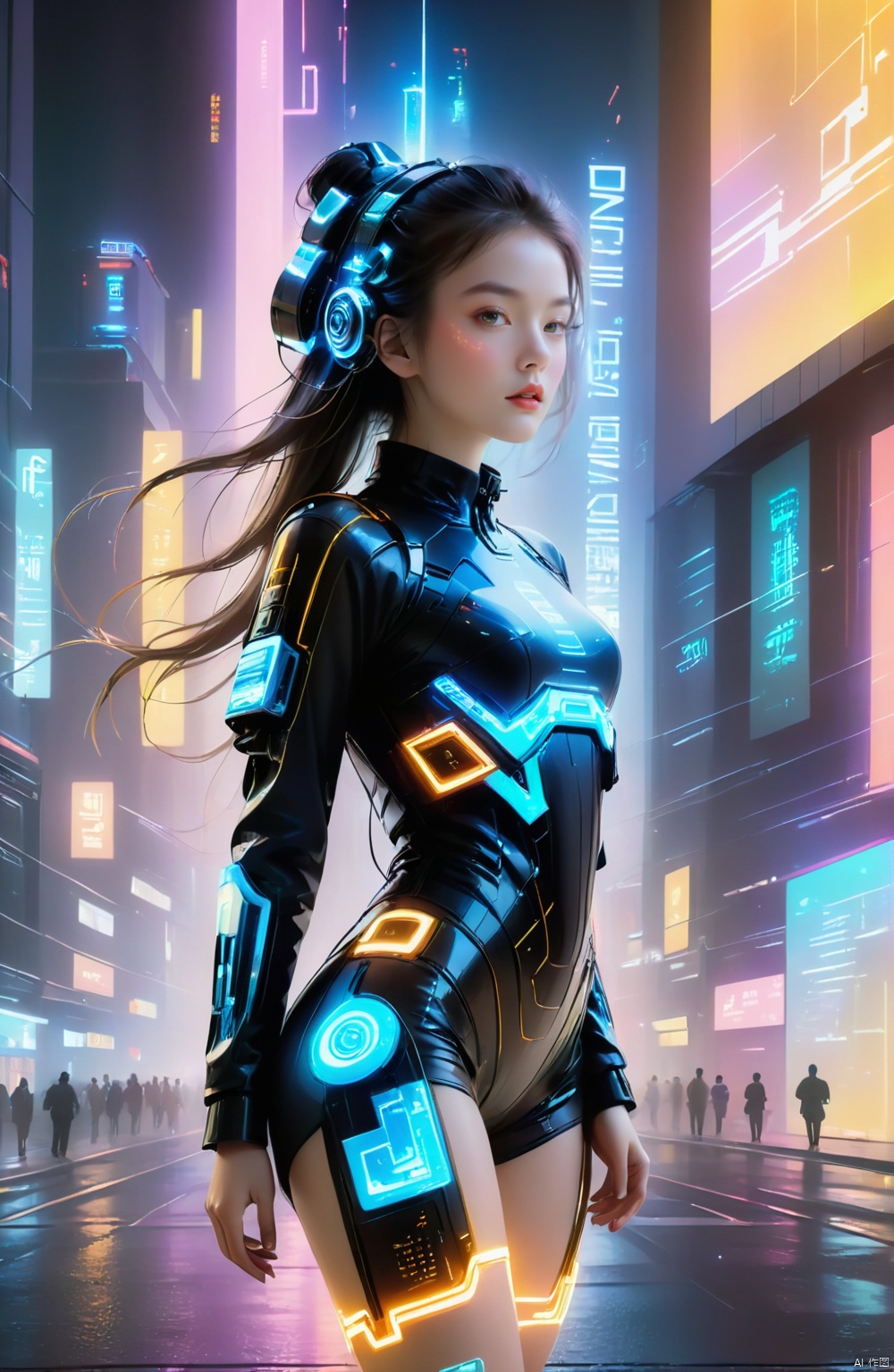 1girl,solo,full body,
In a horizontally oriented masterpiece rendered at an ultra-high 16K image quality that embodies the technology of the future, there stands a cyberpunk girl amidst a backdrop composed of tightly packed city blocks, towering skyscrapers, and neon-lit signs. This girl epitomizes the fusion of cutting-edge artistry and technology with meticulous attention paid to every detail in envisioning a unique interpretation of tomorrow's world.

Her attire is crafted from luminescent materials, featuring multiple lines of light tracing her form, creating a mesmerizing interplay of body-hugging beams (1.2). The entire ensemble sparkles as various points across her body emit light, weaving a dazzling visual spectacle.

An oversized glowing electronic screen adorns her body, dynamically streaming electronic messages and data flows (1.3), vividly encapsulating the torrential nature of digital information in a futuristic existence. A holographic projection system is integrated into her arm, extending outwards from a sleeve, casting images into the air—a testament to how deeply technology permeates daily life in this imagined future.

Text that glows luminously is inscribed upon her thigh, adding a layer of narrative intrigue to her overall aesthetic. She sports a pair of glowing electronic shoes that not only match but also harmoniously interact with her radiant outfit.

Colored smoke envelops her feet, imbuing the scene with an ethereal and enigmatic atmosphere. The girl strikes a powerful and evocative pose (1.2), serving as a symbolic bridge between reality and the realm of high-tech futurism.

In summary, this vision presents a cyberpunk girl who, through her illuminated garb, interactive body projections, and illuminated accessories, transcends the boundaries of the present while inviting viewers to embark on a journey into a new world where fashion design, advanced technological functionality, and futuristic ideology blend seamlessly.