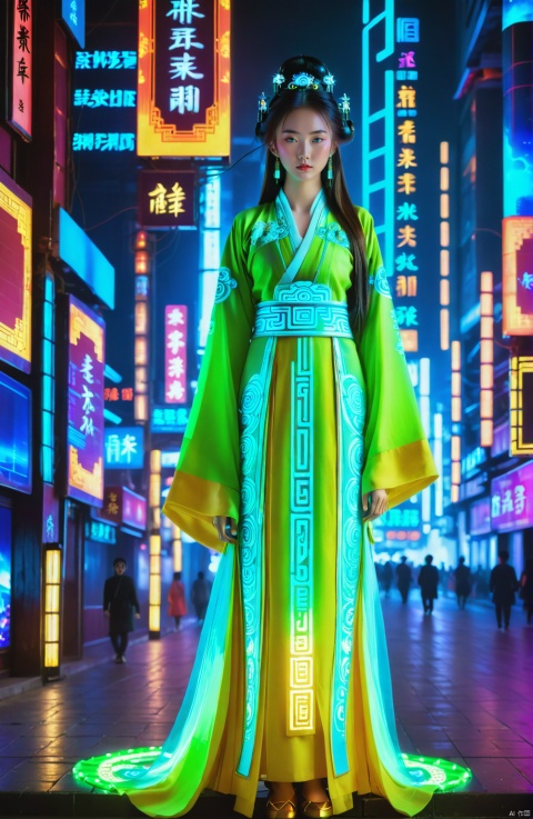  1girl, solo, long hair, neon lights, full body, night, (masterpiece, best quality: 1.2) , 16K, horizontal image quality, technology of the future, (girl pose: 1.3),city blocks, skyscrapers, colored smoke, (glowing electronic screen) , (electronic message flow: 1.3) ,
A young girl dressed in traditional Hanfu attire finds herself standing on a street lined with neon lights, her figure seemingly illuminated from within against the technicolor glow. Behind her looms a massive holographic display screen, casting a futuristic contrast against her ancient garb. The fusion of old and new, East and West, creates an enchanting visual spectacle where tradition meets modernity. Her elegant silhouette, adorned with intricate patterns and flowing fabric, holds a captivating presence amidst the pulsating energy of the city nightlife.