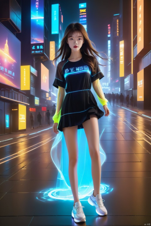  1 girl, solo, long hair, neon light, (full body), night, city street, blue_dress, luminous text on the body, multi-line light on the body, (luminous electronic screen),(electronic message flow: 1.3), holographic projection, (luminous electronic screen on the arm: 1.2), luminous text on the thigh, (girl pose: 1.3), luminous electronic shoes, (Masterpiece, best quality: 1.2),16k, horizontal image quality, (luminous electronic screen), electronic message flow, holographic projection,, luminous electronic shoes, colored smoke, city blocks, skyscrapers, shuwu
