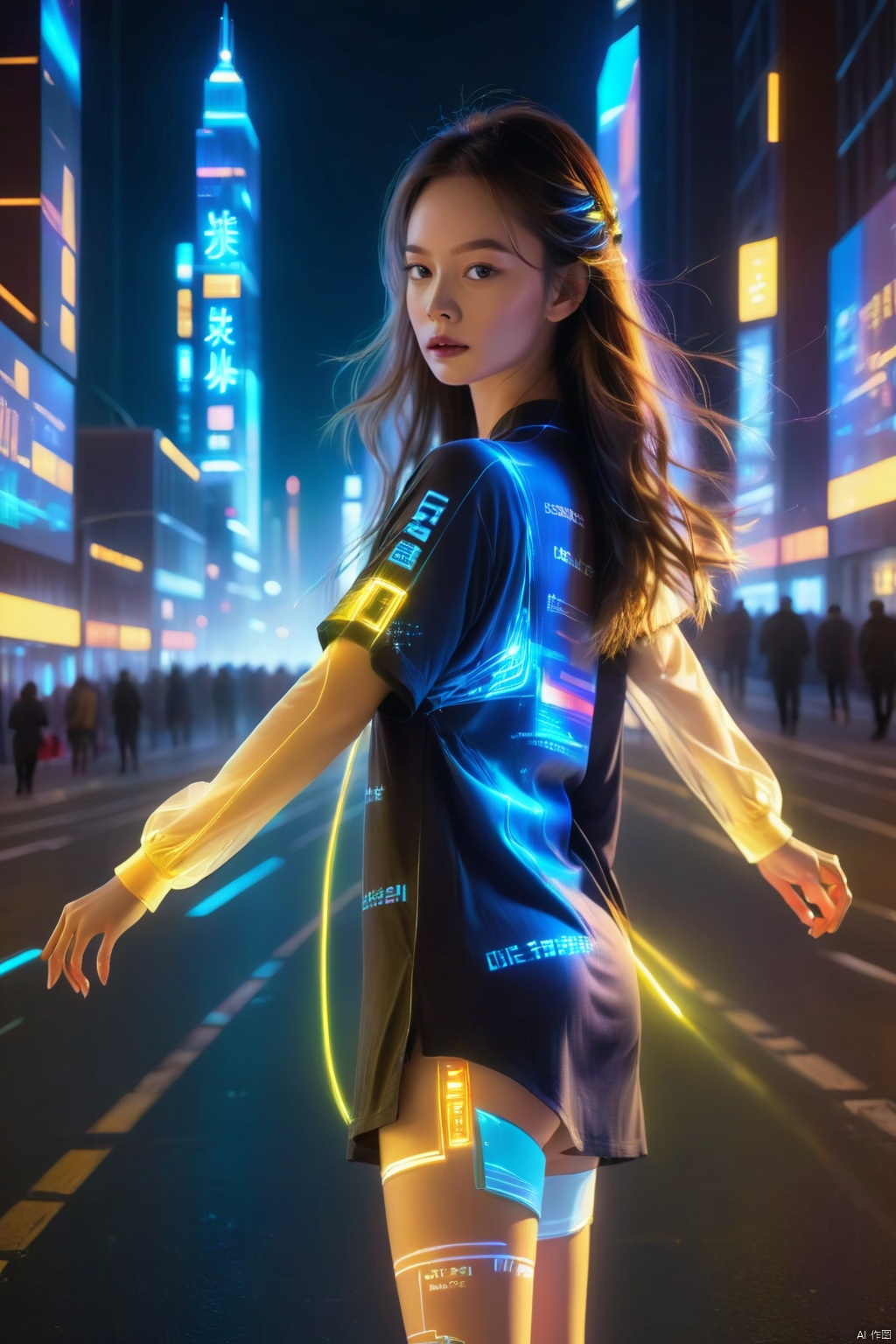  1 girl, solo, long hair, neon light, (full body), night, city street, blue_dress, luminous text on the body, multi-line light on the body, (luminous electronic screen),(electronic message flow: 1.3), holographic projection, (luminous electronic screen on the arm: 1.2), luminous text on the thigh, (girl pose: 1.3), luminous electronic shoes, (Masterpiece, best quality: 1.2),16k, horizontal image quality, (luminous electronic screen), electronic message flow, holographic projection,, luminous electronic shoes, colored smoke, city blocks, skyscrapers, , portrait