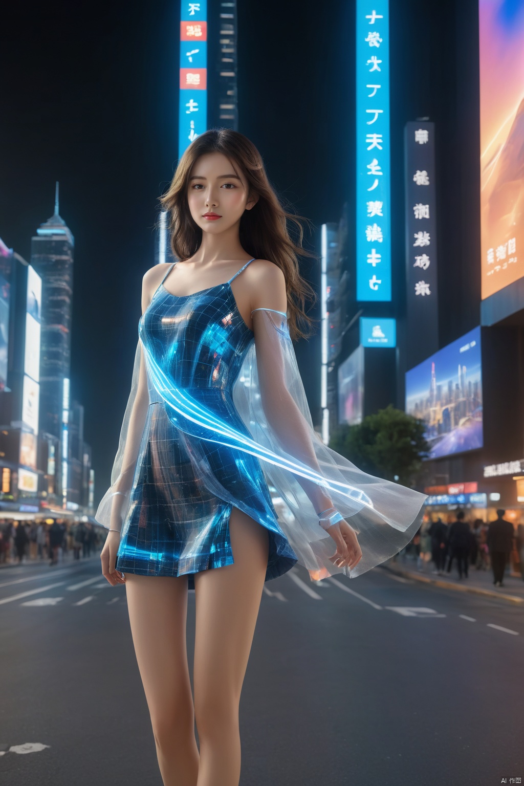 1girl, solo, long hair, neon light, (full body), night, city street, blue_dress, luminous text on the body, multi-line light on the body, (luminous electronic screen),(electronic message flow: 1.3), holographic projection, (luminous electronic screen on the arm: 1.2), luminous text on the thigh, (girl pose: 1.3), luminous electronic shoes, (Masterpiece, best quality: 1.2),16k, horizontal image quality, (luminous electronic screen), electronic message flow, holographic projection,, luminous electronic shoes,  city blocks, skyscrapers, scenery,
Surrealistic scenes,Weird architecture,Conceptual design,architectural design,realism,surrealism,3D rendering,scenery,excellent lighting,super detail,best quality,Fujifilm,extremely detailed CG unity 8k wallpaper,finely detail,long hair,