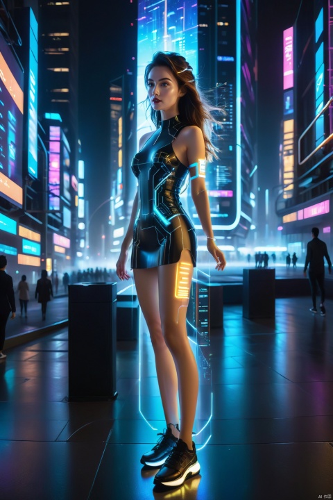 1girl, (full body),(masterpiece, best quality: 1.2) , 16K, horizontal image quality,UI, technology of the future, multi-line light on body, glowing text on body,, (glowing electronic screen) , (electronic message flow: 1.3) , holographic projection, (glowing electronic screen on ARM: 1.2) , glowing text on thigh, glowing electronic shoes, city blocks, skyscrapers,(UI:0.7),The background is a holographic screen,
An imaginative prompt: A futurist masterpiece rendered in extraordinary 16K horizontal resolution, this digital artwork envisions a solitary girl poised amidst urban blocks and towering skyscrapers within a dreamlike metropolis illuminated by neon lights. The central figure dons an avant-garde, ultra-mini dress that epitomizes the spirit of futurism, seamlessly blending into her surroundings.
Her body serves as a canvas upon which multiple dynamic light trails trace her form, each pulsating rhythmically with the heartbeat of the city. Glowing text seemingly etched onto her skin transforms like an electronic epic, reflecting an ever-flowing stream ofairborne
Equipped on her arm is an advanced holographic projection device originating from a dazzling luminescent electronic screen, showcasing torrents of real-time data. Similarly, her thigh bears luminous inscriptions, adding depth to this high-tech tableau.
She stands confidently, her posture exaggerated at 1.2 times its natural scale to convey both strength and poise. Her feet are shod in futuristic glowing electronic shoes, defying gravity with every step. A towering, glowing electronic billboard looms in the background, broadcasting rapid digital information streams, forming a visually impactful and monumental digital wall., portrait