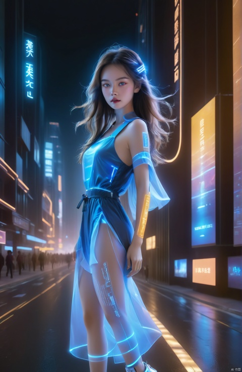 1 girl, solo, long hair, neon light, (full body), night, city street, blue_dress, luminous text on the body, multi-line light on the body, (luminous electronic screen),(electronic message flow: 1.3), holographic projection, (luminous electronic screen on the arm: 1.2), luminous text on the thigh, (girl pose: 1.3), luminous electronic shoes, (Masterpiece, best quality: 1.2),16k, horizontal image quality, (luminous electronic screen), electronic message flow, holographic projection,, luminous electronic shoes,  city blocks, skyscrapers, scenery