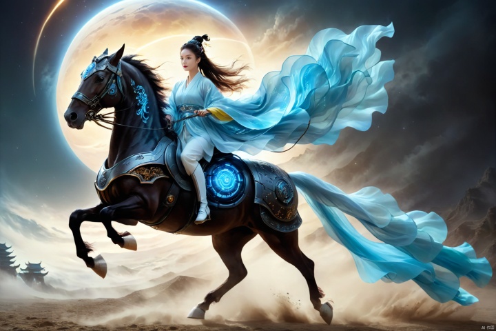  1girl,solo,black hair,hair ornament,hair bun,chinese clothes ,single hair bun,riding,horse,hors,eback riding,The girl is riding on a mechanical warhorse, with an alien spacecraft in the background,Flowing long hair,Vivid clothes,
A solitary young woman, her long black hair tied up in a sleek, single hair bun accentuated by a dazzling hair ornament, is dressed in authentic Chinese garb that speaks volumes about her cultural heritage. Riding not just any ordinary horse, but a futuristic mechanical warhorse, she stands out against the stark contrast of her surroundings. 
Against the backdrop of an extraterrestrial spacecraft hovering majestically in the distance, this scene encapsulates a fascinating blend of ancient traditions and advanced technology. The girl's confident stance on her high-tech mount symbolizes a seamless integration of the past and the future, where oriental aesthetics meets sci-fi fantasy.
As she navigates the unknown terrain, her equestrian skills adapt seamlessly to the mechanical creature beneath her, suggesting a world where humanity has evolved beyond the conventional bounds of Earthly limitations. In this surreal imagery, the girl on her mechanical warhorse becomes a beacon of resilience and adaptation, bridging worlds and epochs in a thrilling narrative of human progress and cultural endurance., scenery