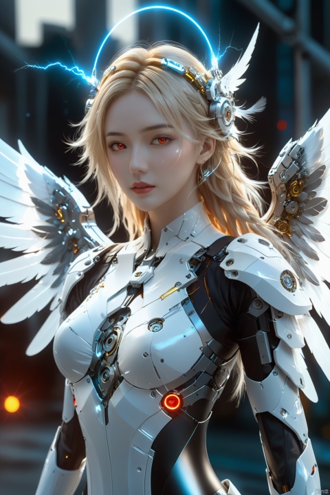 cyberpunk art,fantasy art,1girl,angel,angel wings,white theme,(winding lightning:1.2),mechanically constructed body,extremely complex mechanical structures,white skin,white wings,bright picture,red eyes,electricity,breasts,realistic,looking at viewer,blonde hair,mechanical wings,red eyes,a glowing halo above one's head,masterpiece,best quality,ultra-detailed,very detailed illustrations,extremely detailed,intricate details,highres,super complex details,extremely detailed 8k cg wallpaper,cowboy shot,reflections,ray tracing,dark aura,cyber effect,mecha girl parts,robot joints,single mechanical arm,(angel's halo),
mechanical halo,intricate mechanical bodysuit,mecha corset,(transparent plastic armor),very long hair,hair between eyes,multicolored hair,colored inner hair,random expressions,random action,dynamic pose.true-to-life feathers,
This female character possesses a body constructed entirely of intricate mechanical components,the complexity and finesse of which are truly awe-inspiring. Her skin is flawlessly white,and she unfurls a pair of pure white wings behind her back,adorned with a winding lightning pattern that is rendered at 1.2 times the standard density,creating a striking visual impact. These wings not only embody mechanical architecture but are also depicted with such lifelike detail that they resemble genuine feathers.,
She boasts ruby-red eyes that gleam with the kinetic energy of flowing electricity,directly engaging the viewer. Her golden locks shine brightly as they flow in the wind,with several strands naturally cascading down between her eyes. She sports a single mechanical arm,its joints meticulously designed with a distinct cyberpunk aesthetic.,
Her head is adorned with a halo composed of similar mechanical parts,softly emitting light,further enhancing her portrayal as a mechanical angel.,