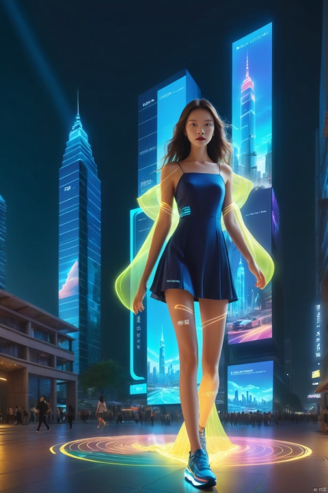 1 girl, solo, long hair, neon light, (full body), night, city street, blue_dress, luminous text on the body, multi-line light on the body, (luminous electronic screen),(electronic message flow: 1.3), holographic projection, (luminous electronic screen on the arm: 1.2), luminous text on the thigh, (girl pose: 1.3), luminous electronic shoes, (Masterpiece, best quality: 1.2),16k, horizontal image quality, (luminous electronic screen), electronic message flow, holographic projection,, luminous electronic shoes, city blocks, skyscrapers, scenery