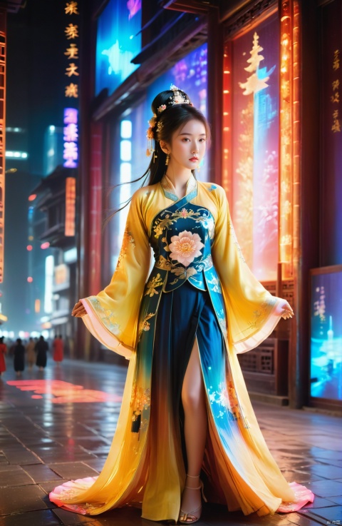  1girl, solo, long hair, neon lights, full body, night, cit
A young girl dressed in traditional Hanfu attire finds herself standing on a street lined with neon lights, her figure seemingly illuminated from within against the technicolor glow. Behind her looms a massive holographic display screen, casting a futuristic contrast against her ancient garb. The fusion of old and new, East and West, creates an enchanting visual spectacle where tradition meets modernity. Her elegant silhouette, adorned with intricate patterns and flowing fabric, holds a captivating presence amidst the pulsating energy of the city nightlife.