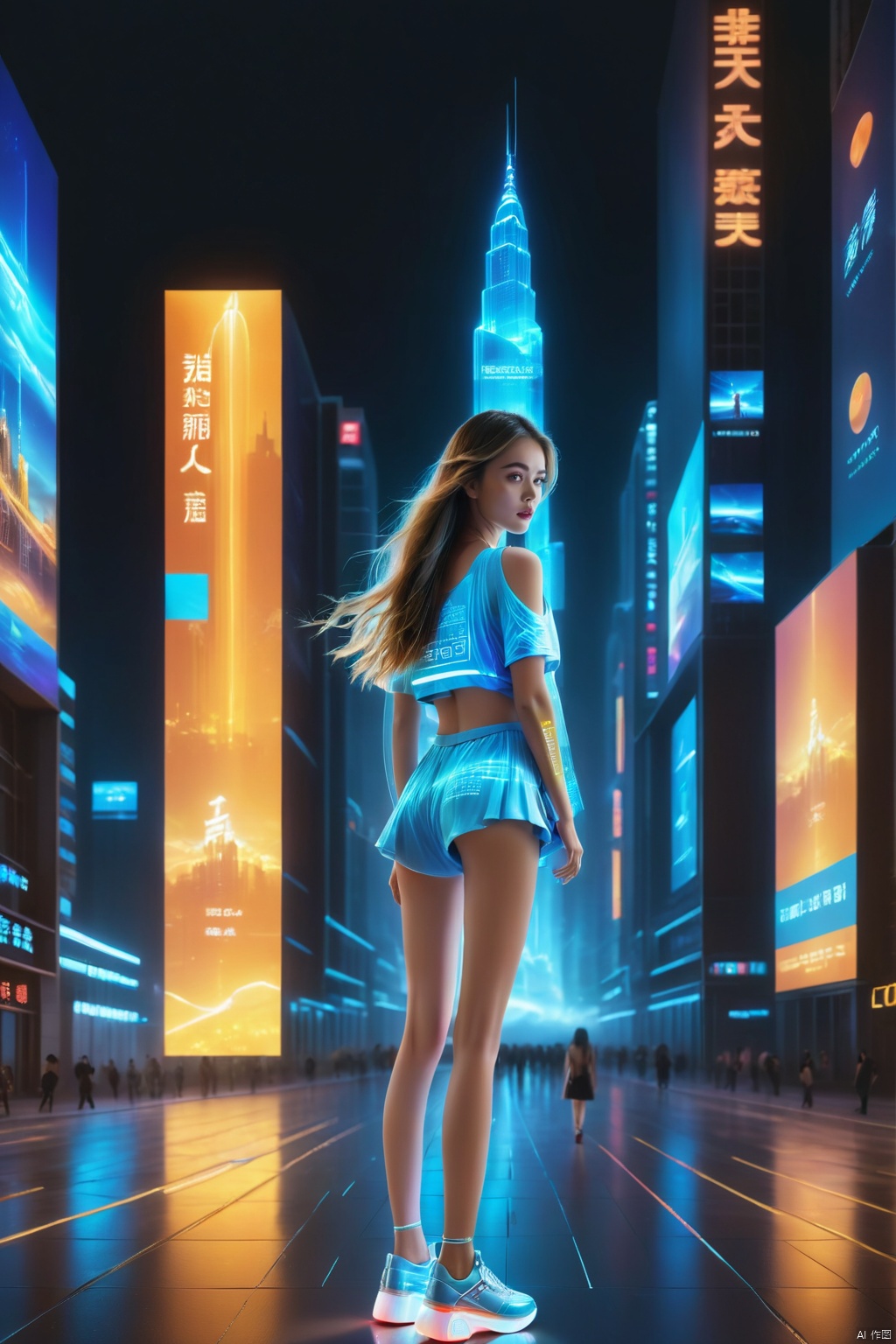1 girl, long hair, neon light, (full body), night, city street, blue_dress, luminous text on the body, multi-line light on the body, (luminous electronic screen),(electronic message flow: 1.3), holographic projection, (luminous electronic screen on the arm: 1.2), luminous text on the thigh, (girl pose: 1.3), luminous electronic shoes, (Masterpiece, best quality: 1.2),16k, horizontal image quality, (luminous electronic screen), electronic message flow, holographic projection,, luminous electronic shoes, city blocks, skyscrapers, scenery