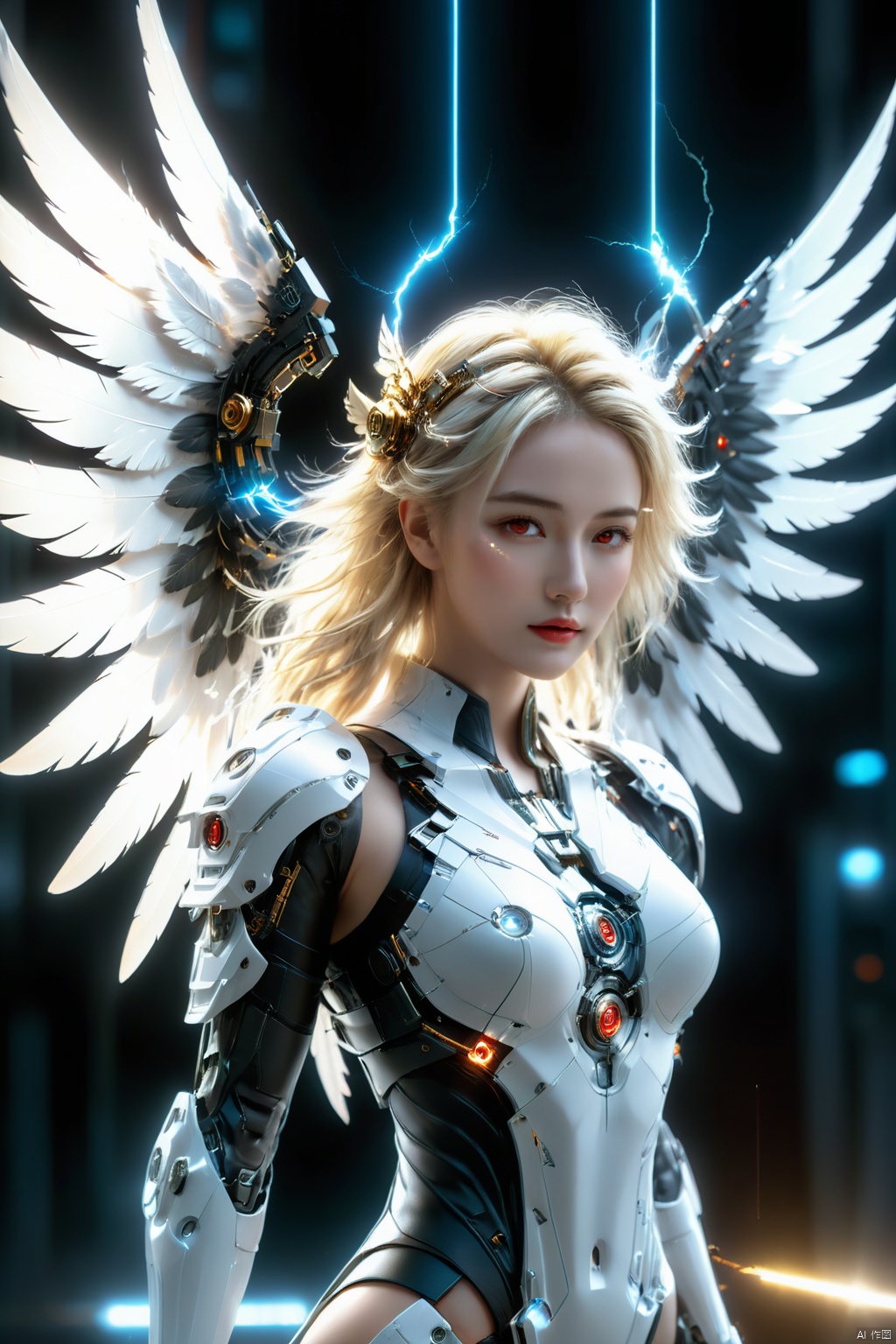cyberpunk art,fantasy art,1girl,angel,angel wings,white theme,(winding lightning:1.2),mechanically constructed body,extremely complex mechanical structures,white skin,white wings,bright picture,red eyes,electricity,breasts,realistic,looking at viewer,blonde hair,mechanical wings,red eyes,a glowing halo above one's head,masterpiece,best quality,ultra-detailed,very detailed illustrations,extremely detailed,intricate details,highres,super complex details,extremely detailed 8k cg wallpaper,cowboy shot,reflections,ray tracing,dark aura,cyber effect,mecha girl parts,robot joints,single mechanical arm,(angel's halo),
mechanical halo,intricate mechanical bodysuit,mecha corset,(transparent plastic armor),very long hair,hair between eyes,multicolored hair,colored inner hair,random expressions,random action,dynamic pose.true-to-life feathers,
This female character possesses a body constructed entirely of intricate mechanical components,the complexity and finesse of which are truly awe-inspiring. Her skin is flawlessly white,and she unfurls a pair of pure white wings behind her back,adorned with a winding lightning pattern that is rendered at 1.2 times the standard density,creating a striking visual impact. These wings not only embody mechanical architecture but are also depicted with such lifelike detail that they resemble genuine feathers.,
She boasts ruby-red eyes that gleam with the kinetic energy of flowing electricity,directly engaging the viewer. Her golden locks shine brightly as they flow in the wind,with several strands naturally cascading down between her eyes. She sports a single mechanical arm,its joints meticulously designed with a distinct cyberpunk aesthetic.,
Her head is adorned with a halo composed of similar mechanical parts,softly emitting light,further enhancing her portrayal as a mechanical angel., scenery