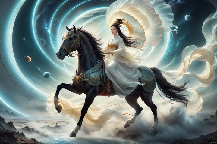  1girl,solo,black hair,hair ornament,hair bun,chinese clothes ,single hair bun,riding,horse,hors,eback riding,The girl is riding on a mechanical warhorse, with an alien spacecraft in the background,Long, flowing hair and a fluttering dress.Flowing long hair,
A solitary young woman, her long black hair tied up in a sleek, single hair bun accentuated by a dazzling hair ornament, is dressed in authentic Chinese garb that speaks volumes about her cultural heritage. Riding not just any ordinary horse, but a futuristic mechanical warhorse, she stands out against the stark contrast of her surroundings. 
Against the backdrop of an extraterrestrial spacecraft hovering majestically in the distance, this scene encapsulates a fascinating blend of ancient traditions and advanced technology. The girl's confident stance on her high-tech mount symbolizes a seamless integration of the past and the future, where oriental aesthetics meets sci-fi fantasy.
As she navigates the unknown terrain, her equestrian skills adapt seamlessly to the mechanical creature beneath her, suggesting a world where humanity has evolved beyond the conventional bounds of Earthly limitations. In this surreal imagery, the girl on her mechanical warhorse becomes a beacon of resilience and adaptation, bridging worlds and epochs in a thrilling narrative of human progress and cultural endurance.