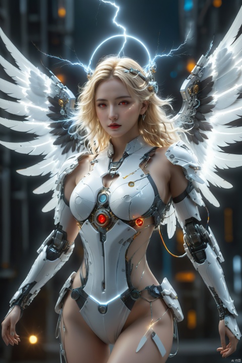 cyberpunk art,fantasy art,1girl,angel,angel wings,white theme,(winding lightning:1.2),mechanically constructed body,extremely complex mechanical structures,white skin,white wings,bright picture,red eyes,electricity,breasts,realistic,looking at viewer,blonde hair,mechanical wings,red eyes,a glowing halo above one's head,masterpiece,best quality,ultra-detailed,very detailed illustrations,extremely detailed,intricate details,highres,super complex details,extremely detailed 8k cg wallpaper,cowboy shot,reflections,ray tracing,dark aura,cyber effect,mecha girl parts,robot joints,single mechanical arm,(angel's halo),
mechanical halo,intricate mechanical bodysuit,mecha corset,(transparent plastic armor),very long hair,hair between eyes,multicolored hair,colored inner hair,random expressions,random action,dynamic pose.true-to-life feathers,
This female character possesses a body constructed entirely of intricate mechanical components,the complexity and finesse of which are truly awe-inspiring. Her skin is flawlessly white,and she unfurls a pair of pure white wings behind her back,adorned with a winding lightning pattern that is rendered at 1.2 times the standard density,creating a striking visual impact. These wings not only embody mechanical architecture but are also depicted with such lifelike detail that they resemble genuine feathers.,
She boasts ruby-red eyes that gleam with the kinetic energy of flowing electricity,directly engaging the viewer. Her golden locks shine brightly as they flow in the wind,with several strands naturally cascading down between her eyes. She sports a single mechanical arm,its joints meticulously designed with a distinct cyberpunk aesthetic.,
Her head is adorned with a halo composed of similar mechanical parts,softly emitting light,further enhancing her portrayal as a mechanical angel., scenery