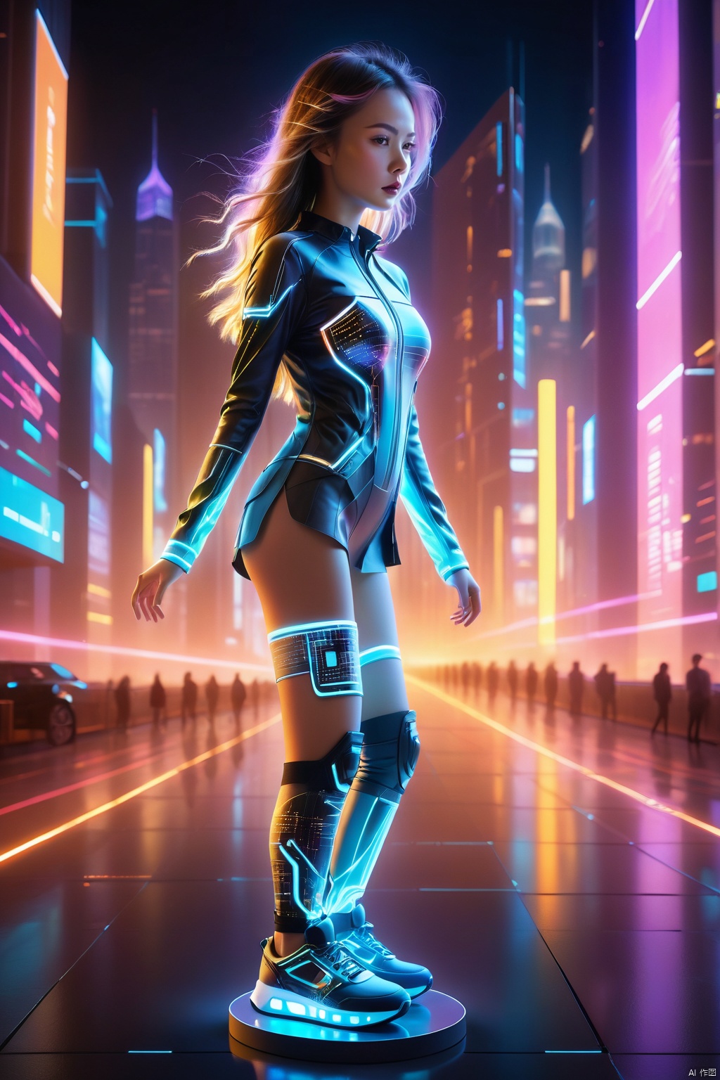  1girl, (full body),(masterpiece, best quality: 1.2) , 16K, horizontal image quality,UI, technology of the future, multi-line light on body, glowing text on body,, (glowing electronic screen) , (electronic message flow: 1.3) , Holographic UI Ground or Holographic User Interface at Ground Level,holographic projection, (glowing electronic screen on ARM: 1.2) , glowing text on thigh, glowing electronic shoes, city blocks, skyscrapers,(UI:0.7),The background is a holographic screen,hlpr
An imaginative prompt: A futurist masterpiece rendered in extraordinary 16K horizontal resolution, this digital artwork envisions a solitary girl poised amidst urban blocks and towering skyscrapers within a dreamlike metropolis illuminated by neon lights. The central figure dons an avant-garde, ultra-mini dress that epitomizes the spirit of futurism, seamlessly blending into her surroundings.
Her body serves as a canvas upon which multiple dynamic light trails trace her form, each pulsating rhythmically with the heartbeat of the city. Glowing text seemingly etched onto her skin transforms like an electronic epic, reflecting an ever-flowing stream ofairborne
Equipped on her arm is an advanced holographic projection device originating from a dazzling luminescent electronic screen, showcasing torrents of real-time data. Similarly, her thigh bears luminous inscriptions, adding depth to this high-tech tableau.
She stands confidently, her posture exaggerated at 1.2 times its natural scale to convey both strength and poise. Her feet are shod in futuristic glowing electronic shoes, defying gravity with every step. A towering, glowing electronic billboard looms in the background, broadcasting rapid digital information streams, forming a visually impactful and monumental digital wall., portrait