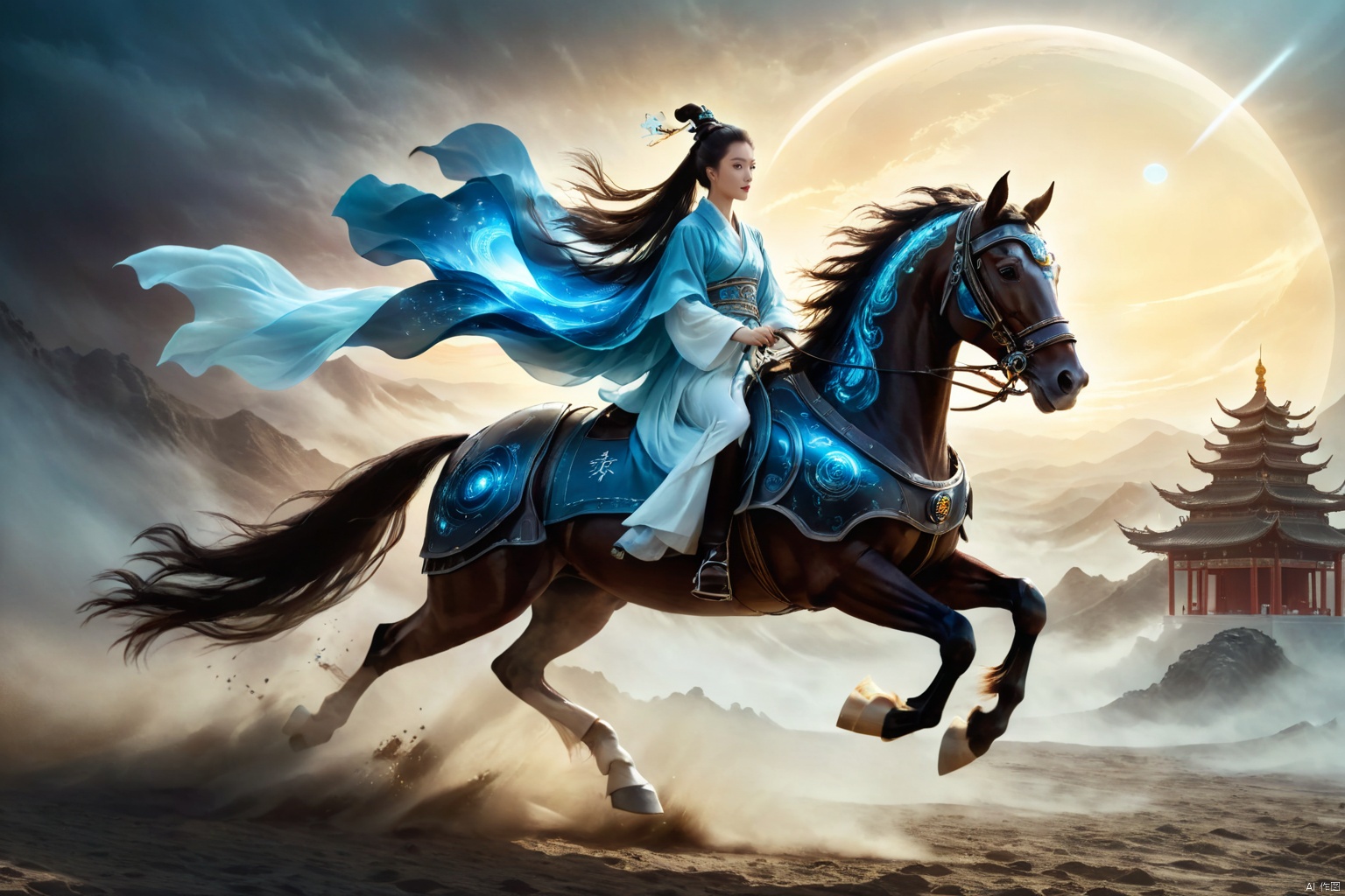  1girl,solo,black hair,hair ornament,hair bun,chinese clothes ,single hair bun,riding,horse,hors,eback riding,The girl is riding on a mechanical warhorse, with an alien spacecraft in the background,Flowing long hair,Vivid clothes,
A solitary young woman, her long black hair tied up in a sleek, single hair bun accentuated by a dazzling hair ornament, is dressed in authentic Chinese garb that speaks volumes about her cultural heritage. Riding not just any ordinary horse, but a futuristic mechanical warhorse, she stands out against the stark contrast of her surroundings. 
Against the backdrop of an extraterrestrial spacecraft hovering majestically in the distance, this scene encapsulates a fascinating blend of ancient traditions and advanced technology. The girl's confident stance on her high-tech mount symbolizes a seamless integration of the past and the future, where oriental aesthetics meets sci-fi fantasy.
As she navigates the unknown terrain, her equestrian skills adapt seamlessly to the mechanical creature beneath her, suggesting a world where humanity has evolved beyond the conventional bounds of Earthly limitations. In this surreal imagery, the girl on her mechanical warhorse becomes a beacon of resilience and adaptation, bridging worlds and epochs in a thrilling narrative of human progress and cultural endurance., scenery