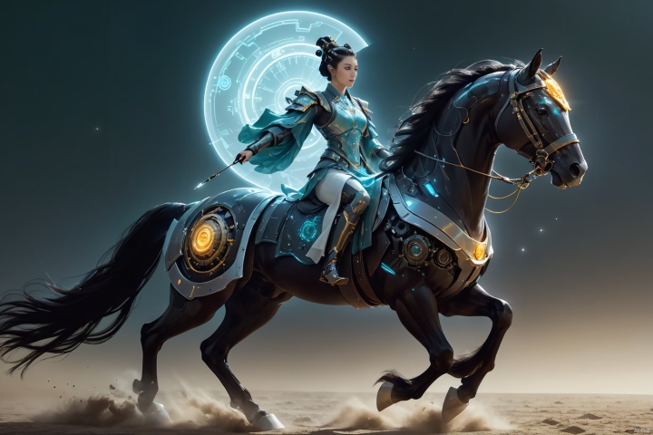  1girl,solo,black hair,hair ornament,hair bun,chinese clothes ,single hair bun,riding,horse,hors,eback riding,The girl is riding on a mechanical warhorse, with an alien spacecraft in the background,Flowing long hair,Vivid clothes,cyberpunk art,fantasy art,Mechanically constructed warhorse with intricate mechanical intricacy
In this visually striking cyberpunk-fantasy artwork, we have a solitary young woman who exudes strength and poise. She is depicted as having lustrous black hair which is elegantly styled into a single, meticulously tied bun adorned with a traditional Chinese hair ornament that adds a touch of cultural mystique to her appearance. Her flowing locks cascade down her back, contrasting beautifully against her vividly colored Chinese attire, rich with embroidered details that reflect both ancient heritage and futuristic aesthetics.
She rides a mechanically constructed warhorse, a marvel of technology and artistry, its form brimming with intricate gears, wires, and sleek metallic surfaces—a fusion of old-world steed and high-tech machinery. The warhorse gallops powerfully amidst a backdrop of a vast alien spacecraft hovering in the sky, casting an otherworldly glow upon the scene., robot
