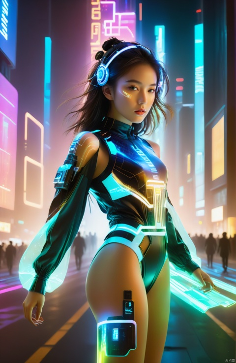 1girl,solo,full body,
In a horizontally oriented masterpiece rendered at an ultra-high 16K image quality that embodies the technology of the future, there stands a cyberpunk girl amidst a backdrop composed of tightly packed city blocks, towering skyscrapers, and neon-lit signs. This girl epitomizes the fusion of cutting-edge artistry and technology with meticulous attention paid to every detail in envisioning a unique interpretation of tomorrow's world.

Her attire is crafted from luminescent materials, featuring multiple lines of light tracing her form, creating a mesmerizing interplay of body-hugging beams (1.2). The entire ensemble sparkles as various points across her body emit light, weaving a dazzling visual spectacle.

An oversized glowing electronic screen adorns her body, dynamically streaming electronic messages and data flows (1.3), vividly encapsulating the torrential nature of digital information in a futuristic existence. A holographic projection system is integrated into her arm, extending outwards from a sleeve, casting images into the air—a testament to how deeply technology permeates daily life in this imagined future.

Text that glows luminously is inscribed upon her thigh, adding a layer of narrative intrigue to her overall aesthetic. She sports a pair of glowing electronic shoes that not only match but also harmoniously interact with her radiant outfit.

Colored smoke envelops her feet, imbuing the scene with an ethereal and enigmatic atmosphere. The girl strikes a powerful and evocative pose (1.2), serving as a symbolic bridge between reality and the realm of high-tech futurism.

In summary, this vision presents a cyberpunk girl who, through her illuminated garb, interactive body projections, and illuminated accessories, transcends the boundaries of the present while inviting viewers to embark on a journey into a new world where fashion design, advanced technological functionality, and futuristic ideology blend seamlessly.