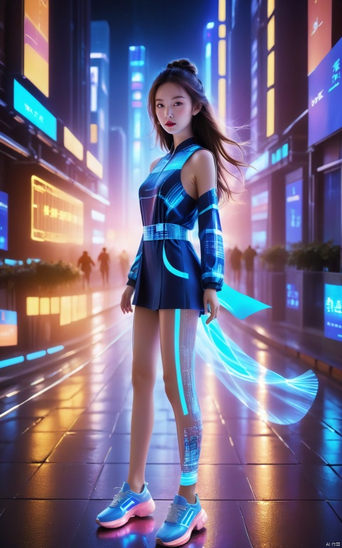  1 girl, solo, long hair, neon light, (full body), night, city street, blue_dress, luminous text on the body, multi-line light on the body, (luminous electronic screen),(electronic message flow: 1.3), holographic projection, (luminous electronic screen on the arm: 1.2), luminous text on the thigh, (girl pose: 1.3), luminous electronic shoes, (Masterpiece, best quality: 1.2),16k, horizontal image quality, (luminous electronic screen), electronic message flow, holographic projection,, luminous electronic shoes, colored smoke, city blocks, skyscrapers,