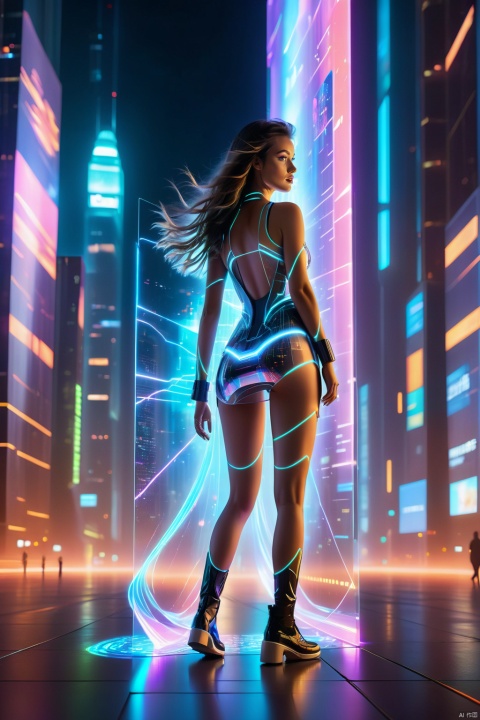 1girl, (full body),(masterpiece, best quality: 1.2) , 16K, horizontal image quality,UI, technology of the future, multi-line light on body, glowing text on body,, (glowing electronic screen) , (electronic message flow: 1.3) , Holographic UI Ground or Holographic User Interface at Ground Level,holographic projection, (glowing electronic screen on ARM: 1.2) , glowing text on thigh, glowing electronic shoes, city blocks, skyscrapers,(UI:0.7),The background is a holographic screen,hlpr
An imaginative prompt: A futurist masterpiece rendered in extraordinary 16K horizontal resolution, this digital artwork envisions a solitary girl poised amidst urban blocks and towering skyscrapers within a dreamlike metropolis illuminated by neon lights. The central figure dons an avant-garde, ultra-mini dress that epitomizes the spirit of futurism, seamlessly blending into her surroundings.
Her body serves as a canvas upon which multiple dynamic light trails trace her form, each pulsating rhythmically with the heartbeat of the city. Glowing text seemingly etched onto her skin transforms like an electronic epic, reflecting an ever-flowing stream ofairborne
Equipped on her arm is an advanced holographic projection device originating from a dazzling luminescent electronic screen, showcasing torrents of real-time data. Similarly, her thigh bears luminous inscriptions, adding depth to this high-tech tableau.
She stands confidently, her posture exaggerated at 1.2 times its natural scale to convey both strength and poise. Her feet are shod in futuristic glowing electronic shoes, defying gravity with every step. A towering, glowing electronic billboard looms in the background, broadcasting rapid digital information streams, forming a visually impactful and monumental digital wall., portrait