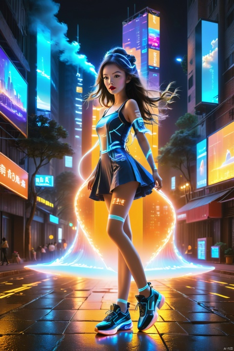  1 girl, solo, long hair, neon light, (full body), night, city street, blue_dress, luminous text on the body, multi-line light on the body, (luminous electronic screen),(electronic message flow: 1.3), holographic projection, (luminous electronic screen on the arm: 1.2), luminous text on the thigh, (girl pose: 1.3), luminous electronic shoes, (Masterpiece, best quality: 1.2),16k, horizontal image quality, (luminous electronic screen), electronic message flow, holographic projection,, luminous electronic shoes, colored smoke, city blocks, skyscrapers, shuwu