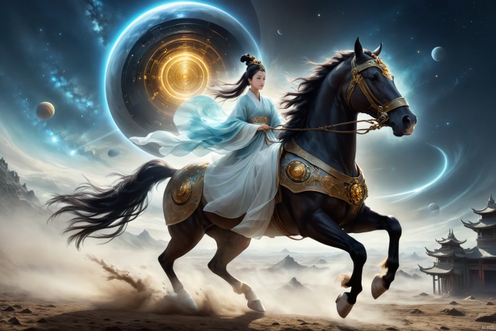 1girl,solo,black hair,hair ornament,hair bun,chinese clothes ,single hair bun,riding,horse,hors,eback riding,The girl is riding on a mechanical warhorse, with an alien spacecraft in the background,Flowing long hair,
A solitary young woman, her long black hair tied up in a sleek, single hair bun accentuated by a dazzling hair ornament, is dressed in authentic Chinese garb that speaks volumes about her cultural heritage. Riding not just any ordinary horse, but a futuristic mechanical warhorse, she stands out against the stark contrast of her surroundings. 
Against the backdrop of an extraterrestrial spacecraft hovering majestically in the distance, this scene encapsulates a fascinating blend of ancient traditions and advanced technology. The girl's confident stance on her high-tech mount symbolizes a seamless integration of the past and the future, where oriental aesthetics meets sci-fi fantasy.
As she navigates the unknown terrain, her equestrian skills adapt seamlessly to the mechanical creature beneath her, suggesting a world where humanity has evolved beyond the conventional bounds of Earthly limitations. In this surreal imagery, the girl on her mechanical warhorse becomes a beacon of resilience and adaptation, bridging worlds and epochs in a thrilling narrative of human progress and cultural endurance.