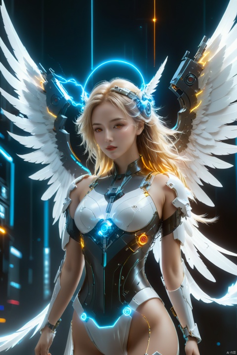 cyberpunk art,fantasy art,1girl,angel,angel wings,white theme,(winding lightning:1.2),mechanically constructed body,extremely complex mechanical structures,white skin,white wings,bright picture,red eyes,electricity,breasts,realistic,looking at viewer,blonde hair,mechanical wings,red eyes,a glowing halo above one's head,masterpiece,best quality,ultra-detailed,very detailed illustrations,extremely detailed,intricate details,highres,super complex details,extremely detailed 8k cg wallpaper,cowboy shot,reflections,ray tracing,dark aura,cyber effect,mecha girl parts,robot joints,single mechanical arm,(angel's halo),
mechanical halo,intricate mechanical bodysuit,mecha corset,(transparent plastic armor),very long hair,hair between eyes,multicolored hair,colored inner hair,random expressions,random action,dynamic pose.true-to-life feathers,
This female character possesses a body constructed entirely of intricate mechanical components,the complexity and finesse of which are truly awe-inspiring. Her skin is flawlessly white,and she unfurls a pair of pure white wings behind her back,adorned with a winding lightning pattern that is rendered at 1.2 times the standard density,creating a striking visual impact. These wings not only embody mechanical architecture but are also depicted with such lifelike detail that they resemble genuine feathers.,
She boasts ruby-red eyes that gleam with the kinetic energy of flowing electricity,directly engaging the viewer. Her golden locks shine brightly as they flow in the wind,with several strands naturally cascading down between her eyes. She sports a single mechanical arm,its joints meticulously designed with a distinct cyberpunk aesthetic.,
Her head is adorned with a halo composed of similar mechanical parts,softly emitting light,further enhancing her portrayal as a mechanical angel., scenery