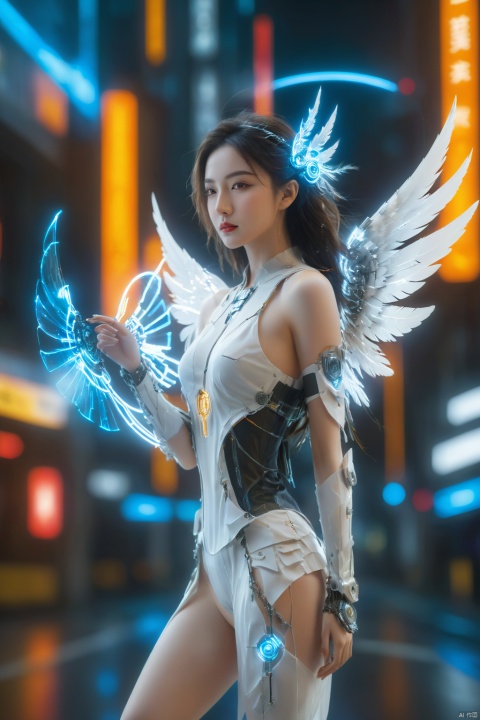 cyberpunk art,fantasy art,1girl,angel,angel wings,white theme,(winding lightning:1.2),mechanically constructed body,extremely complex mechanical structures,white skin,white wings,bright picture,red eyes,electricity,breasts,realistic,looking at viewer,blonde hair,mechanical wings,red eyes,a glowing halo above one's head,masterpiece,best quality,ultra-detailed,very detailed illustrations,extremely detailed,intricate details,highres,super complex details,extremely detailed 8k cg wallpaper,cowboy shot,reflections,ray tracing,dark aura,cyber effect,mecha girl parts,robot joints,single mechanical arm,(angel's halo),
mechanical halo,intricate mechanical bodysuit,mecha corset,(transparent plastic armor),very long hair,hair between eyes,multicolored hair,colored inner hair,random expressions,random action,dynamic pose.true-to-life feathers,
This female character possesses a body constructed entirely of intricate mechanical components,the complexity and finesse of which are truly awe-inspiring. Her skin is flawlessly white,and she unfurls a pair of pure white wings behind her back,adorned with a winding lightning pattern that is rendered at 1.2 times the standard density,creating a striking visual impact. These wings not only embody mechanical architecture but are also depicted with such lifelike detail that they resemble genuine feathers.,
She boasts ruby-red eyes that gleam with the kinetic energy of flowing electricity,directly engaging the viewer. Her golden locks shine brightly as they flow in the wind,with several strands naturally cascading down between her eyes. She sports a single mechanical arm,its joints meticulously designed with a distinct cyberpunk aesthetic.,
Her head is adorned with a halo composed of similar mechanical parts,softly emitting light,further enhancing her portrayal as a mechanical angel., scenery