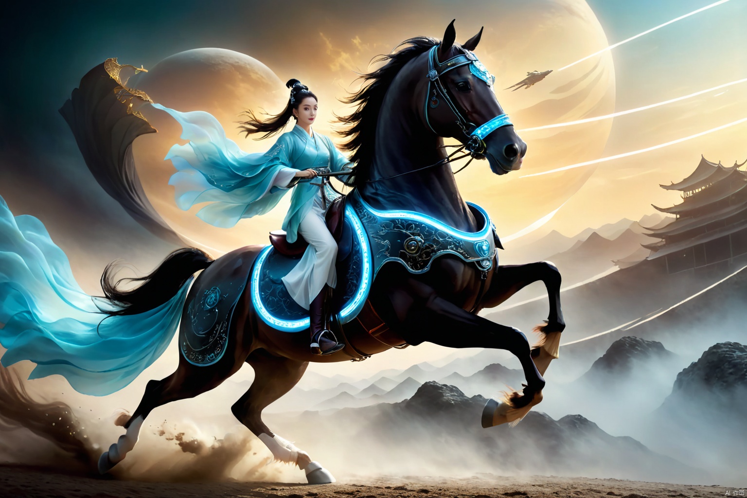  1girl,solo,black hair,hair ornament,hair bun,chinese clothes ,single hair bun,riding,horse,hors,eback riding,The girl is riding on a mechanical warhorse, with an alien spacecraft in the background,Flowing long hair,Vivid clothes,
A solitary young woman, her long black hair tied up in a sleek, single hair bun accentuated by a dazzling hair ornament, is dressed in authentic Chinese garb that speaks volumes about her cultural heritage. Riding not just any ordinary horse, but a futuristic mechanical warhorse, she stands out against the stark contrast of her surroundings. 
Against the backdrop of an extraterrestrial spacecraft hovering majestically in the distance, this scene encapsulates a fascinating blend of ancient traditions and advanced technology. The girl's confident stance on her high-tech mount symbolizes a seamless integration of the past and the future, where oriental aesthetics meets sci-fi fantasy.
As she navigates the unknown terrain, her equestrian skills adapt seamlessly to the mechanical creature beneath her, suggesting a world where humanity has evolved beyond the conventional bounds of Earthly limitations. In this surreal imagery, the girl on her mechanical warhorse becomes a beacon of resilience and adaptation, bridging worlds and epochs in a thrilling narrative of human progress and cultural endurance., scenery