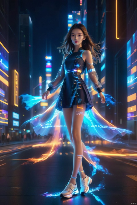  1 girl, solo, long hair, neon light, (full body), night, city street, blue_dress, luminous text on the body, multi-line light on the body, (luminous electronic screen),(electronic message flow: 1.3), holographic projection, (luminous electronic screen on the arm: 1.2), luminous text on the thigh, (girl pose: 1.3), luminous electronic shoes, (Masterpiece, best quality: 1.2),16k, horizontal image quality, (luminous electronic screen), electronic message flow, holographic projection,, luminous electronic shoes, colored smoke, city blocks, skyscrapers, , portrait,hlpr 