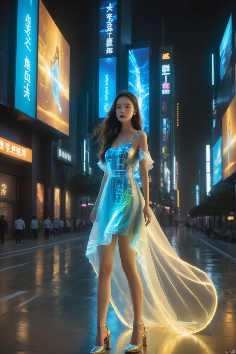 1girl, solo, long hair, neon light, (full body), night, city street, blue_dress, luminous text on the body, multi-line light on the body, (luminous electronic screen),(electronic message flow: 1.3), holographic projection, (luminous electronic screen on the arm: 1.2), luminous text on the thigh, (girl pose: 1.3), luminous electronic shoes, (Masterpiece, best quality: 1.2),16k, horizontal image quality, (luminous electronic screen), electronic message flow, holographic projection,, luminous electronic shoes,  city blocks, skyscrapers, scenery,
Surrealistic scenes,Weird architecture,Conceptual design,architectural design,realism,surrealism,3D rendering,scenery,excellent lighting,super detail,best quality,Fujifilm,extremely detailed CG unity 8k wallpaper,finely detail,long hair,floating dress,