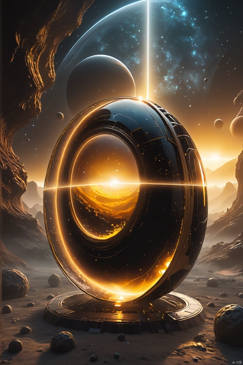 3d game concept scenery of curvy cosmic vessel with Voronoi pattern surrounded with debris in cosmic space near intricate alien planet, warm-yellow-deep-black organic spaceship armor, shiny cosmic vessel hull, intricate lowpoly vessel, translucent bio-luminescent materials, (Voronoi pattern, depth of field, (swirly bokeh:1.275), (Kodak Portra 400:0.875) :1.3), (realistic complex alien planet in background:1.1), shiny glass, (turbulent toxic vapor, epic surreal sunrise behind planet, rim lighting, low key light:1.25), remarkable masterpiece, celestial, ethereal, epic, magical light flares, natural soft dreamy lighting, ((warm-yellow and deep-carbon:0.7), (cinematic look:1.15):1.15)
