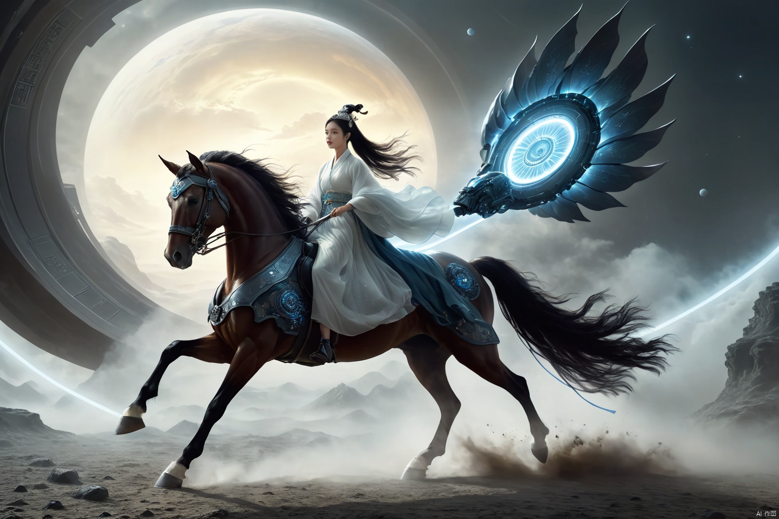  1girl,solo,black hair,hair ornament,hair bun,chinese clothes ,single hair bun,riding,horse,hors,eback riding,The girl is riding on a mechanical warhorse, with an alien spacecraft in the background,Flowing long hair,Vivid clothes,
A solitary young woman, her long black hair tied up in a sleek, single hair bun accentuated by a dazzling hair ornament, is dressed in authentic Chinese garb that speaks volumes about her cultural heritage. Riding not just any ordinary horse, but a futuristic mechanical warhorse, she stands out against the stark contrast of her surroundings. 
Against the backdrop of an extraterrestrial spacecraft hovering majestically in the distance, this scene encapsulates a fascinating blend of ancient traditions and advanced technology. The girl's confident stance on her high-tech mount symbolizes a seamless integration of the past and the future, where oriental aesthetics meets sci-fi fantasy.
As she navigates the unknown terrain, her equestrian skills adapt seamlessly to the mechanical creature beneath her, suggesting a world where humanity has evolved beyond the conventional bounds of Earthly limitations. In this surreal imagery, the girl on her mechanical warhorse becomes a beacon of resilience and adaptation, bridging worlds and epochs in a thrilling narrative of human progress and cultural endurance., scenery