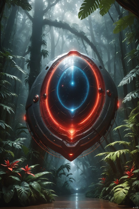 A red glowing round alien spaceship floats in the sky, in the rain forest, dark theme, 8k, surreal,
In this ultra-high-definition (8K) surrealist depiction, we find ourselves nestled within a lush and dense tropical rainforest under the cloak of darkness, where silence reigns supreme except for scattered starlight piercing through the canopy above. At the heart of the composition, a massive, red-glowing circular alien spacecraft hovers motionlessly in mid-air, resembling a mesmerizing celestial body frozen in time.

The craft's surface is smooth and polished, radiating an intense yet enigmatic red glow that illuminates a portion of the surrounding jungle, creating a stark contrast with its natural habitat while strangely coexisting in harmony. The spaceship's crimson light bounces off the moist leaves of the rainforest vegetation, casting exotic and phantasmagorical reflections that conjure feelings of having crossed over into another realm.

Amidst this scene, the creatures of the rainforest react to the strange vessel's luminescence – some displaying curiosity, others wariness – thus infusing the tableau with an air of mystery and discovery. The dark theme serves to further accentuate the presence of the glowing red spacecraft, which symbolizes a cryptic message from the far reaches of the universe, evoking endless ponderings on the vastness of the cosmos and the origins of life itself.