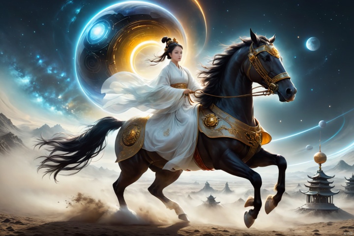 1girl,solo,black hair,hair ornament,hair bun,chinese clothes ,single hair bun,riding,horse,hors,eback riding,The girl is riding on a mechanical warhorse, with an alien spacecraft in the background,Flowing long hair,
A solitary young woman, her long black hair tied up in a sleek, single hair bun accentuated by a dazzling hair ornament, is dressed in authentic Chinese garb that speaks volumes about her cultural heritage. Riding not just any ordinary horse, but a futuristic mechanical warhorse, she stands out against the stark contrast of her surroundings. 
Against the backdrop of an extraterrestrial spacecraft hovering majestically in the distance, this scene encapsulates a fascinating blend of ancient traditions and advanced technology. The girl's confident stance on her high-tech mount symbolizes a seamless integration of the past and the future, where oriental aesthetics meets sci-fi fantasy.
As she navigates the unknown terrain, her equestrian skills adapt seamlessly to the mechanical creature beneath her, suggesting a world where humanity has evolved beyond the conventional bounds of Earthly limitations. In this surreal imagery, the girl on her mechanical warhorse becomes a beacon of resilience and adaptation, bridging worlds and epochs in a thrilling narrative of human progress and cultural endurance.