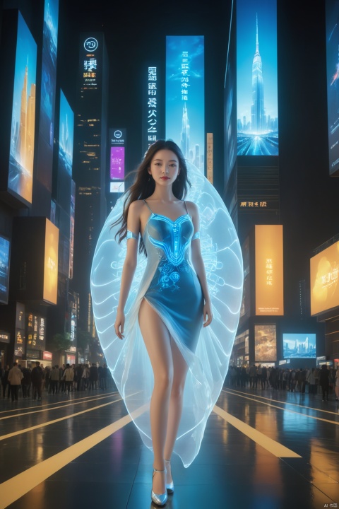 1girl, solo, long hair, neon light, (full body), night, city street, blue_dress, luminous text on the body, multi-line light on the body, (luminous electronic screen),(electronic message flow: 1.3), holographic projection, (luminous electronic screen on the arm: 1.2), luminous text on the thigh, (girl pose: 1.3), luminous electronic shoes, (Masterpiece, best quality: 1.2),16k, horizontal image quality, (luminous electronic screen), electronic message flow, holographic projection,, luminous electronic shoes,  city blocks, skyscrapers, scenery,
Surrealistic scenes,Weird architecture,Conceptual design,architectural design,realism,surrealism,3D rendering,scenery,excellent lighting,super detail,best quality,Fujifilm,extremely detailed CG unity 8k wallpaper,finely detail,long hair,