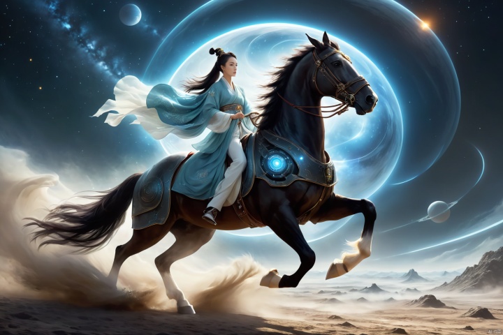  1girl,solo,black hair,hair ornament,hair bun,chinese clothes ,single hair bun,riding,horse,hors,eback riding,The girl is riding on a mechanical warhorse, with an alien spacecraft in the background,Flowing long hair,
A solitary young woman, her long black hair tied up in a sleek, single hair bun accentuated by a dazzling hair ornament, is dressed in authentic Chinese garb that speaks volumes about her cultural heritage. Riding not just any ordinary horse, but a futuristic mechanical warhorse, she stands out against the stark contrast of her surroundings. 
Against the backdrop of an extraterrestrial spacecraft hovering majestically in the distance, this scene encapsulates a fascinating blend of ancient traditions and advanced technology. The girl's confident stance on her high-tech mount symbolizes a seamless integration of the past and the future, where oriental aesthetics meets sci-fi fantasy.
As she navigates the unknown terrain, her equestrian skills adapt seamlessly to the mechanical creature beneath her, suggesting a world where humanity has evolved beyond the conventional bounds of Earthly limitations. In this surreal imagery, the girl on her mechanical warhorse becomes a beacon of resilience and adaptation, bridging worlds and epochs in a thrilling narrative of human progress and cultural endurance.