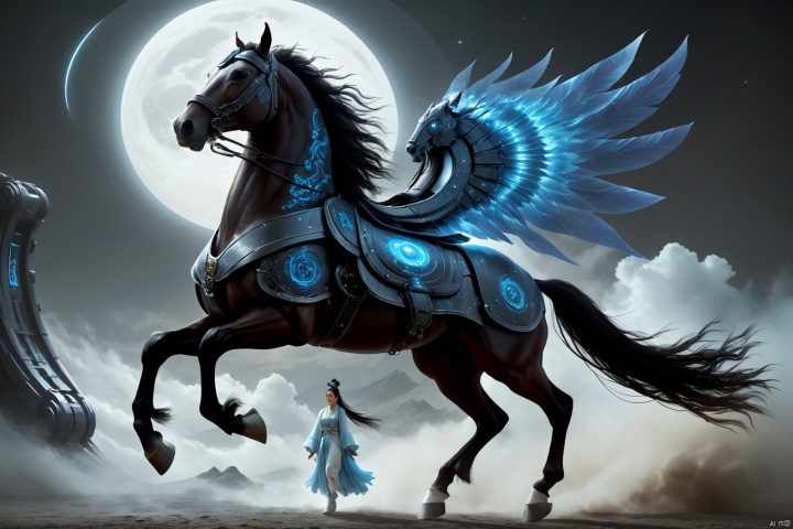  1girl,solo,black hair,hair ornament,hair bun,chinese clothes ,single hair bun,riding,horse,hors,eback riding,The girl is riding on a mechanical warhorse, with an alien spacecraft in the background,Flowing long hair,Vivid clothes,cyberpunk art,fantasy art,Mechanically constructed warhorse with intricate mechanical intricacy
In this visually striking cyberpunk-fantasy artwork, we have a solitary young woman who exudes strength and poise. She is depicted as having lustrous black hair which is elegantly styled into a single, meticulously tied bun adorned with a traditional Chinese hair ornament that adds a touch of cultural mystique to her appearance. Her flowing locks cascade down her back, contrasting beautifully against her vividly colored Chinese attire, rich with embroidered details that reflect both ancient heritage and futuristic aesthetics.
She rides a mechanically constructed warhorse, a marvel of technology and artistry, its form brimming with intricate gears, wires, and sleek metallic surfaces—a fusion of old-world steed and high-tech machinery. The warhorse gallops powerfully amidst a backdrop of a vast alien spacecraft hovering in the sky, casting an otherworldly glow upon the scene.