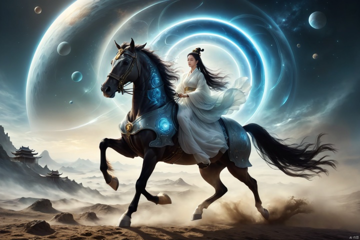  1girl,solo,black hair,hair ornament,hair bun,chinese clothes ,single hair bun,riding,horse,hors,eback riding,The girl is riding on a mechanical warhorse, with an alien spacecraft in the background,Long, flowing hair and a fluttering dress.Flowing long hair,
A solitary young woman, her long black hair tied up in a sleek, single hair bun accentuated by a dazzling hair ornament, is dressed in authentic Chinese garb that speaks volumes about her cultural heritage. Riding not just any ordinary horse, but a futuristic mechanical warhorse, she stands out against the stark contrast of her surroundings. 
Against the backdrop of an extraterrestrial spacecraft hovering majestically in the distance, this scene encapsulates a fascinating blend of ancient traditions and advanced technology. The girl's confident stance on her high-tech mount symbolizes a seamless integration of the past and the future, where oriental aesthetics meets sci-fi fantasy.
As she navigates the unknown terrain, her equestrian skills adapt seamlessly to the mechanical creature beneath her, suggesting a world where humanity has evolved beyond the conventional bounds of Earthly limitations. In this surreal imagery, the girl on her mechanical warhorse becomes a beacon of resilience and adaptation, bridging worlds and epochs in a thrilling narrative of human progress and cultural endurance.
