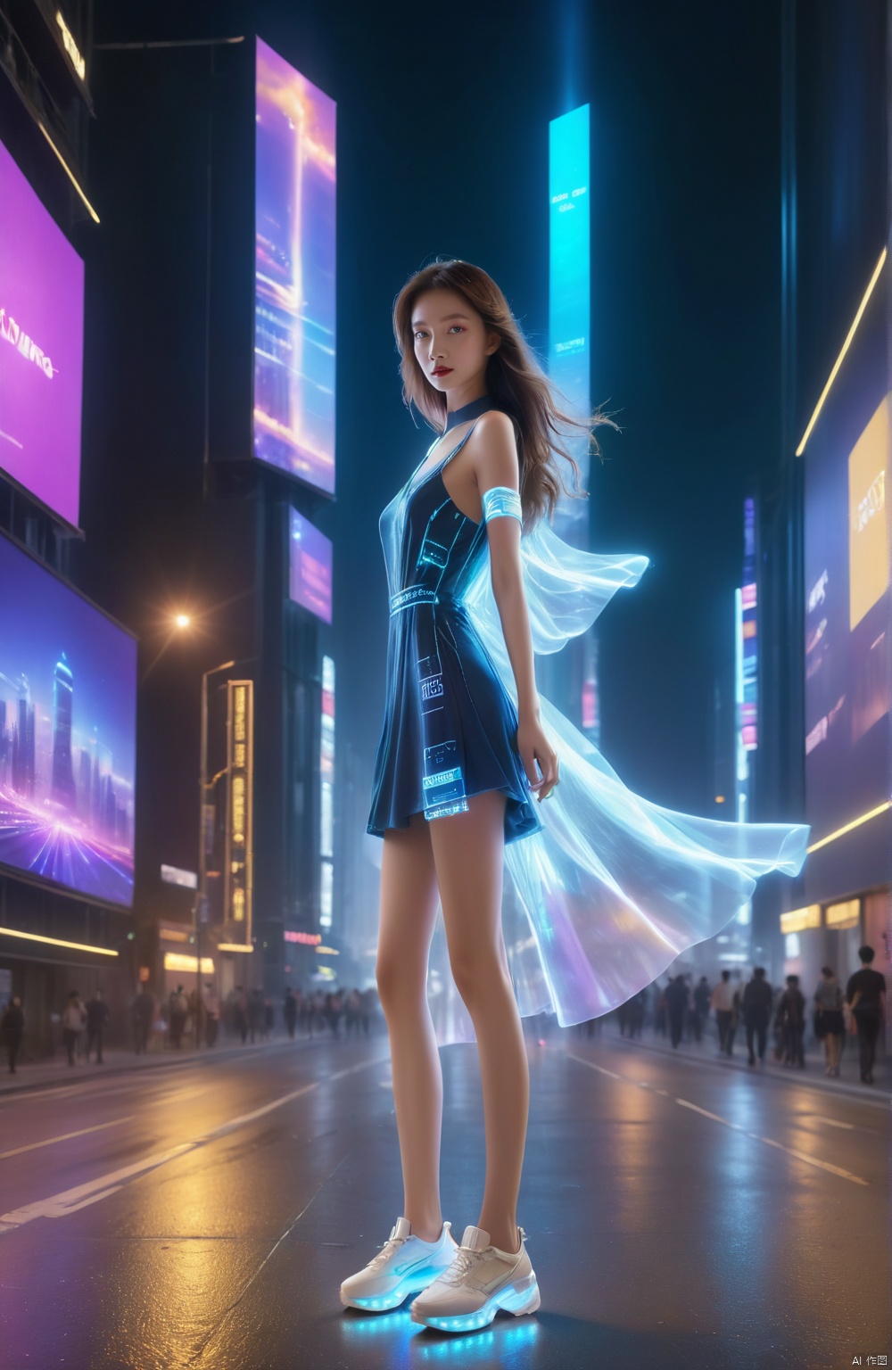 1 girl, solo, long hair, neon light, (full body), night, city street, blue_dress, luminous text on the body, multi-line light on the body, (luminous electronic screen),(electronic message flow: 1.3), holographic projection, (luminous electronic screen on the arm: 1.2), luminous text on the thigh, (girl pose: 1.3), luminous electronic shoes, (Masterpiece, best quality: 1.2),16k, horizontal image quality, (luminous electronic screen), electronic message flow, holographic projection,, luminous electronic shoes,  city blocks, skyscrapers, scenery,
A solitary girl with flowing long hair stands on a city street at night amidst neon lights, dressed in a blue dress. Her figure is adorned with illuminating multi-line light patterns, and she features a built-in luminous electronic screen showcasing an electronic message flow (1.3). Additionally, there's a holographic projection, an arm-mounted glowing electronic screen presenting data '1.2', as well as radiant text displayed on her thigh. The girl adopts a captivating pose numbered 1.3, complemented by her high-tech, luminescent electronic shoes. This visual masterpiece boasts the best quality at a 16k horizontal image resolution. The background imagery consists of a luminous electronic screen, scrolling electronic message streams, holographic projections, and towering skyscrapers amidst urban blocks.
