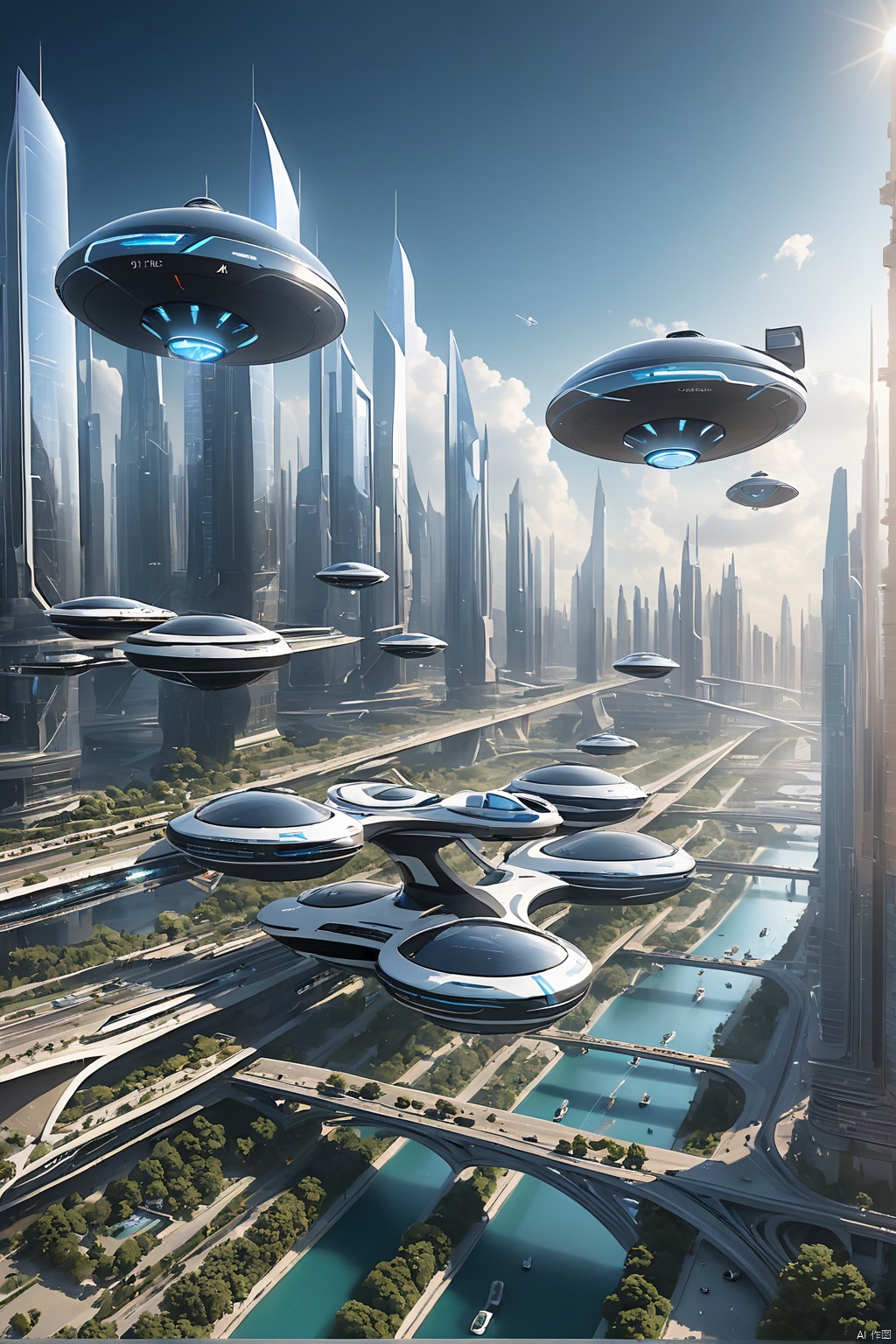  Imagine a futuristic city with several flying cars