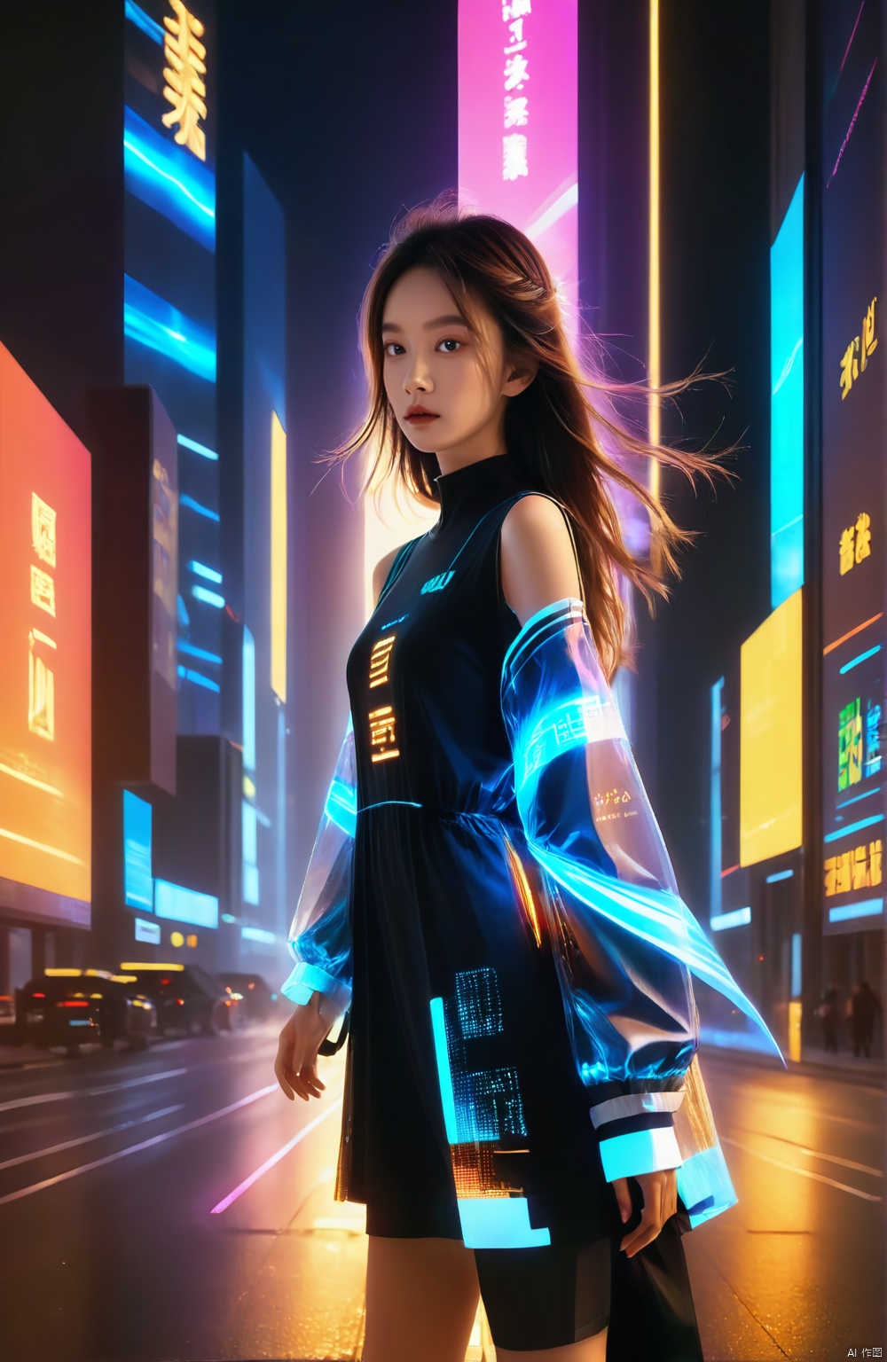  1 girl, solo, long hair, neon light, (full body), night, city street, blue_dress, luminous text on the body, multi-line light on the body, (luminous electronic screen),(electronic message flow: 1.3), holographic projection, (luminous electronic screen on the arm: 1.2), luminous text on the thigh, (girl pose: 1.3), luminous electronic shoes, (Masterpiece, best quality: 1.2),16k, horizontal image quality, (luminous electronic screen), electronic message flow, holographic projection,, luminous electronic shoes, colored smoke, city blocks, skyscrapers,