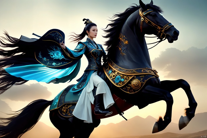  1girl,solo,black hair,hair ornament,hair bun,chinese clothes ,single hair bun,riding,horse,hors,eback riding,The girl is riding on a mechanical warhorse, with an alien spacecraft in the background,Flowing long hair,Vivid clothes,cyberpunk art,fantasy art,Mechanically constructed warhorse with intricate mechanical intricacy
In this visually striking cyberpunk-fantasy artwork, we have a solitary young woman who exudes strength and poise. She is depicted as having lustrous black hair which is elegantly styled into a single, meticulously tied bun adorned with a traditional Chinese hair ornament that adds a touch of cultural mystique to her appearance. Her flowing locks cascade down her back, contrasting beautifully against her vividly colored Chinese attire, rich with embroidered details that reflect both ancient heritage and futuristic aesthetics.
She rides a mechanically constructed warhorse, a marvel of technology and artistry, its form brimming with intricate gears, wires, and sleek metallic surfaces—a fusion of old-world steed and high-tech machinery. The warhorse gallops powerfully amidst a backdrop of a vast alien spacecraft hovering in the sky, casting an otherworldly glow upon the scene., mechanical,