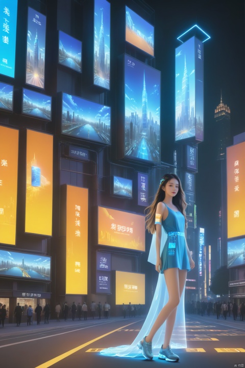 1girl, solo, long hair, neon light, (full body), night, city street, blue_dress, luminous text on the body, multi-line light on the body, (luminous electronic screen),(electronic message flow: 1.3), holographic projection, (luminous electronic screen on the arm: 1.2), luminous text on the thigh, (girl pose: 1.3), luminous electronic shoes, (Masterpiece, best quality: 1.2),16k, horizontal image quality, (luminous electronic screen), electronic message flow, holographic projection,, luminous electronic shoes, city blocks, skyscrapers, scenery,
Surrealistic scenes,Weird architecture,Conceptual design,architectural design,realism,surrealism,3D rendering,scenery,excellent lighting,super detail,best quality,Fujifilm,extremely detailed CG unity 8k wallpaper,finely detail,long hair,
