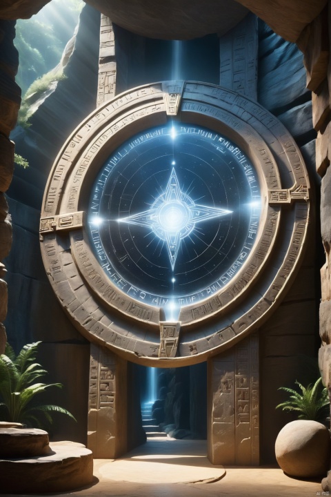 Um Stargate circular que leva um homem a outro futuro, ancient inscriptions, ambientado dentro de uma caverna misteriosa.