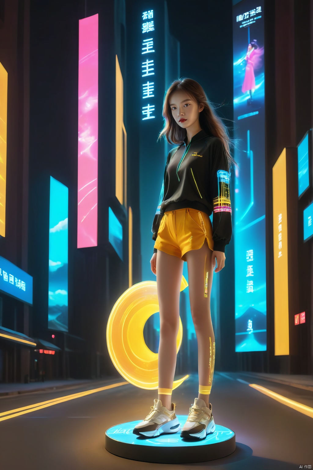 1 girl, solo, long hair, neon light, (full body), night, city street, luminous text on the body, multi-line light on the body, (luminous electronic screen),(electronic message flow: 1.3), holographic projection, (luminous electronic screen on the arm: 1.2), luminous text on the thigh, (girl pose: 1.2), luminous electronic shoes, (Masterpiece, best quality: 1.2),16k, horizontal image quality, (luminous electronic screen), electronic message flow, holographic projection,, luminous electronic shoes,scenery